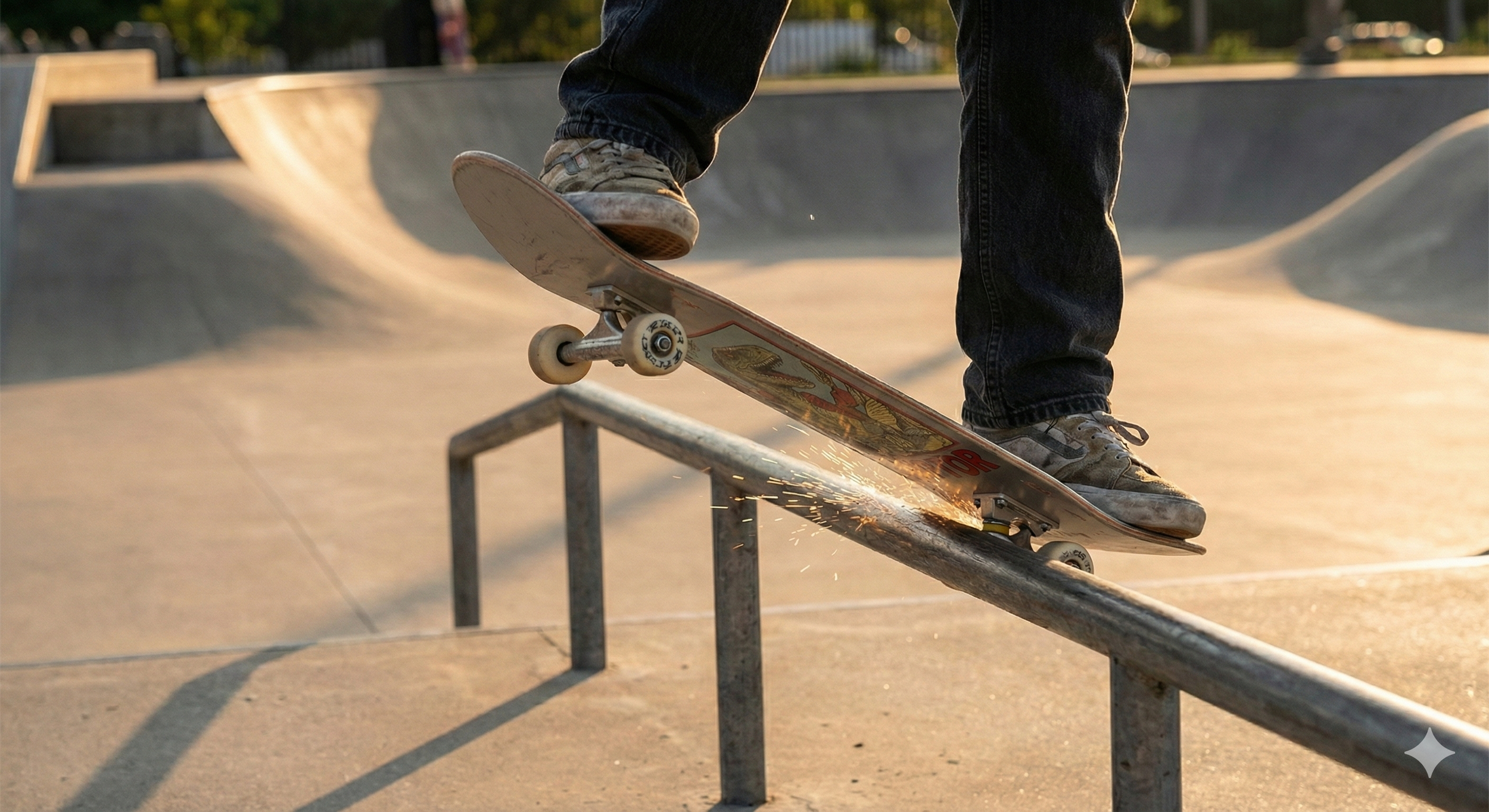 Skateboarder grinding on a metal rail at a skatepark during sunset, wearing worn sneakers and black jeans.