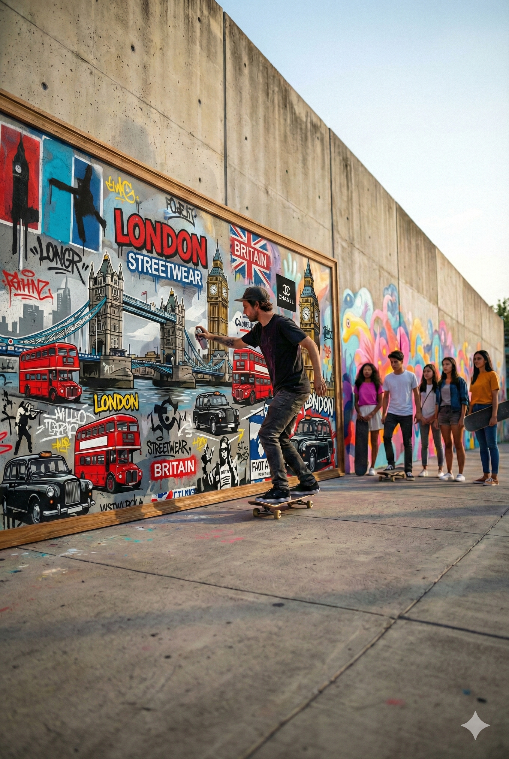 A skateboarder performs a trick in front of a street art mural featuring London-themed graffiti, including red double-decker buses, Big Ben, the London Bridge, and various London and Britain icons, while a group of onlookers watches.