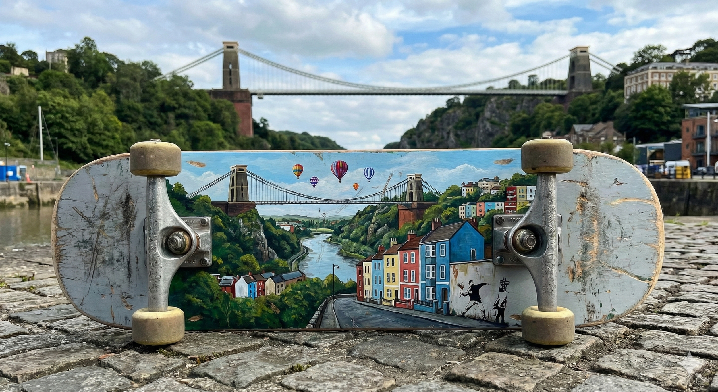 A skateboard with a colorful painting of a cityscape, bridge, and hot air balloons, lying upside down on a cobblestone surface with a suspension bridge and hillside town in the background.