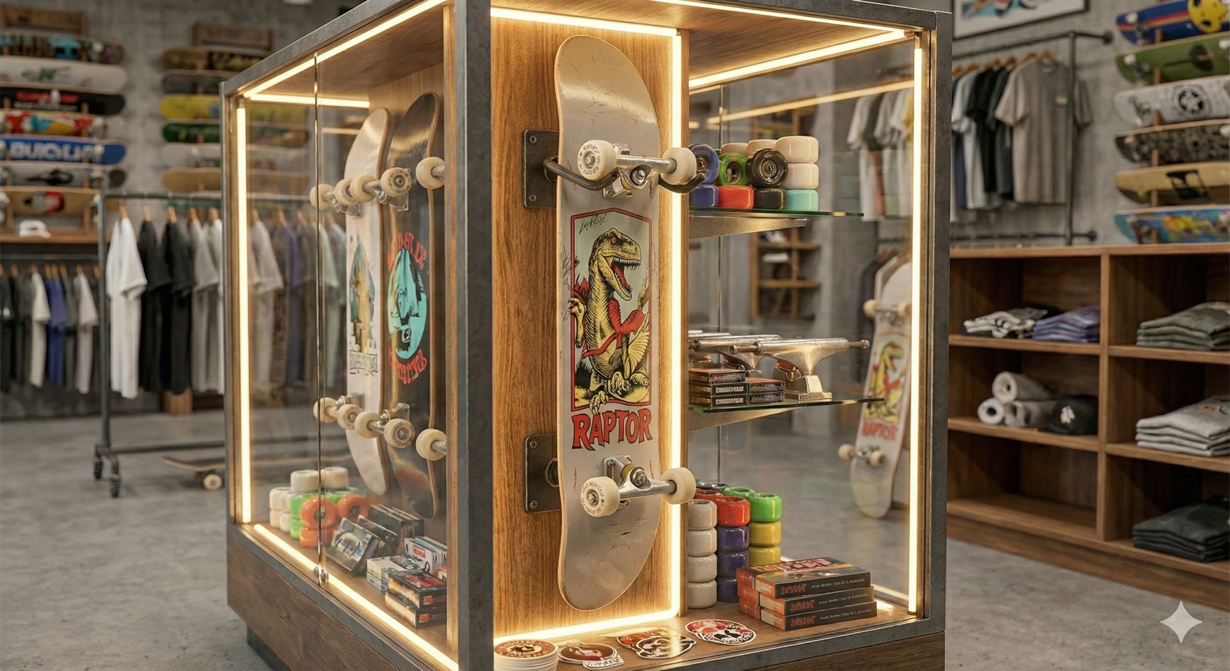 Display case with skateboards, skate accessories, and T-shirts in a skateboard shop.