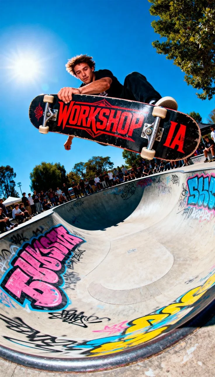 Skateboarder mid-air performing a trick at a skatepark during the daytime, with a crowd of spectators in the background and graffiti on the skatepark surface.