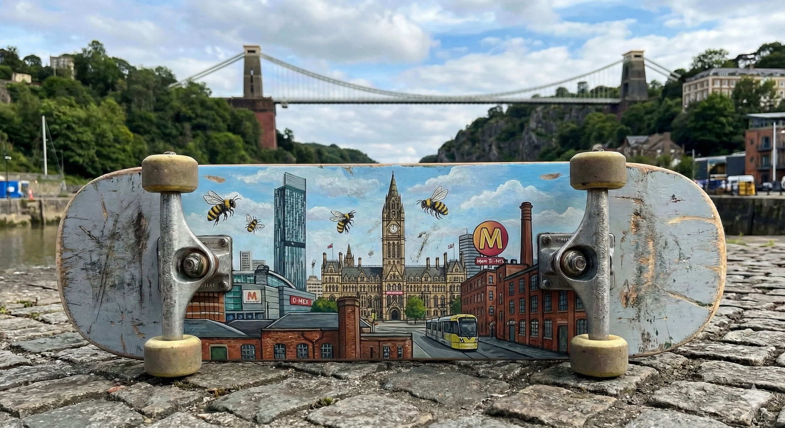 A painted skateboard with a cityscape and bees on it, placed on cobblestone ground near a river with a suspension bridge in the background.