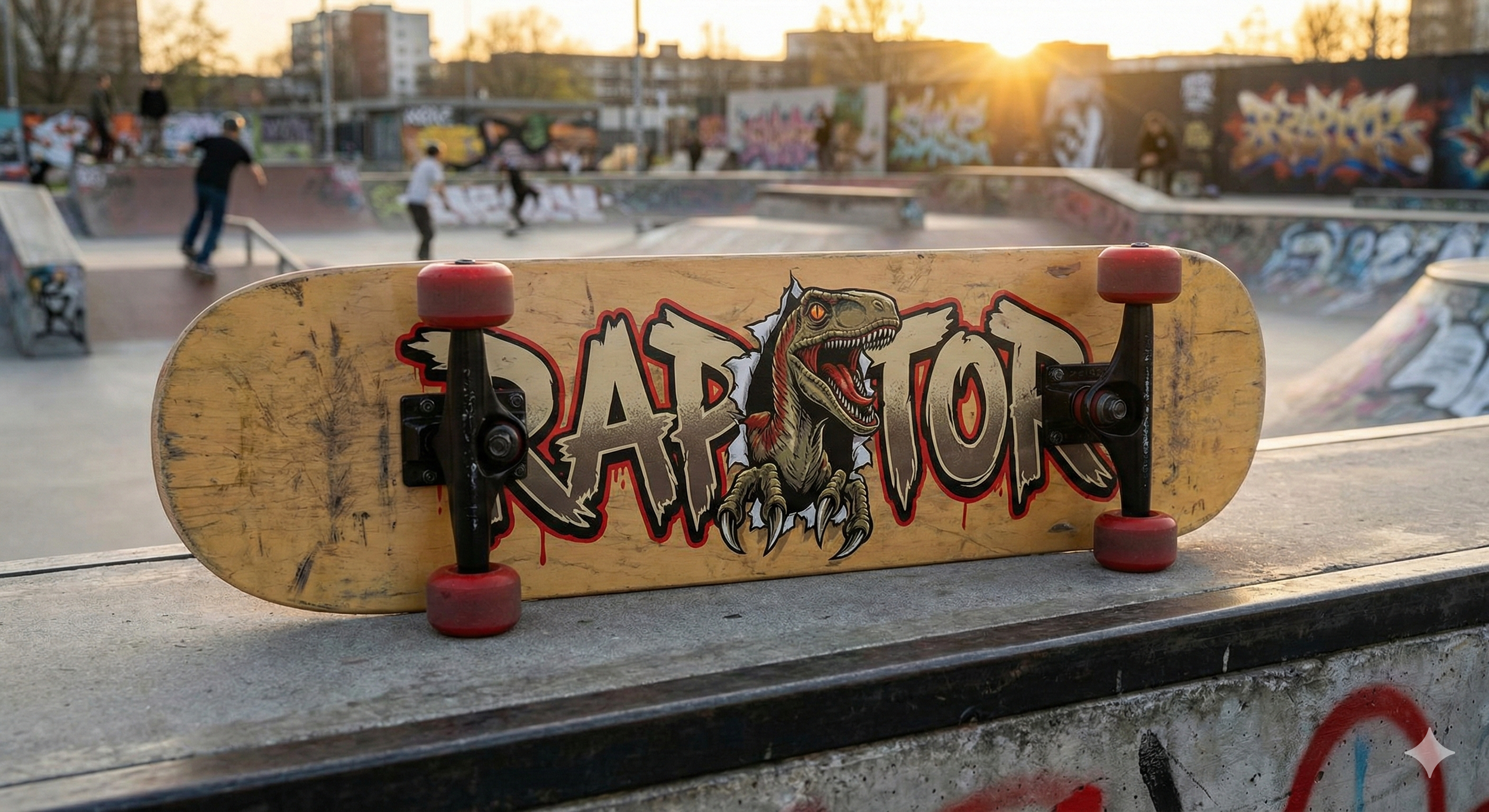 Skateboard with a dinosaur graphic and the word 'Raptor' at a skate park during sunset.