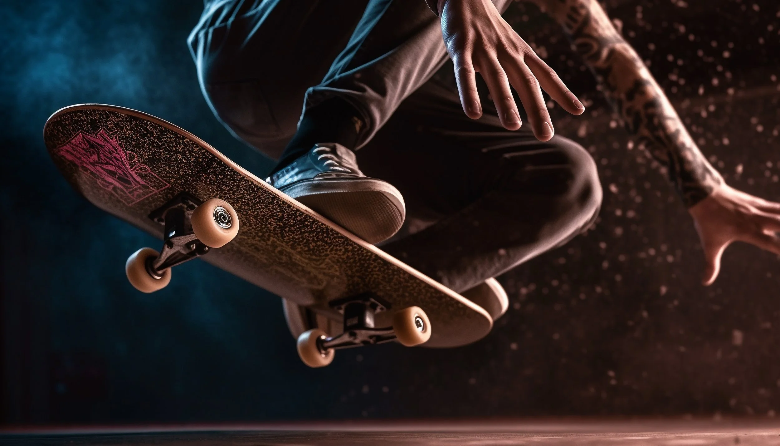 A skateboarder doing a trick in mid-air, with a dark and smoky background and lighting highlighting the skater's hand and skateboard.