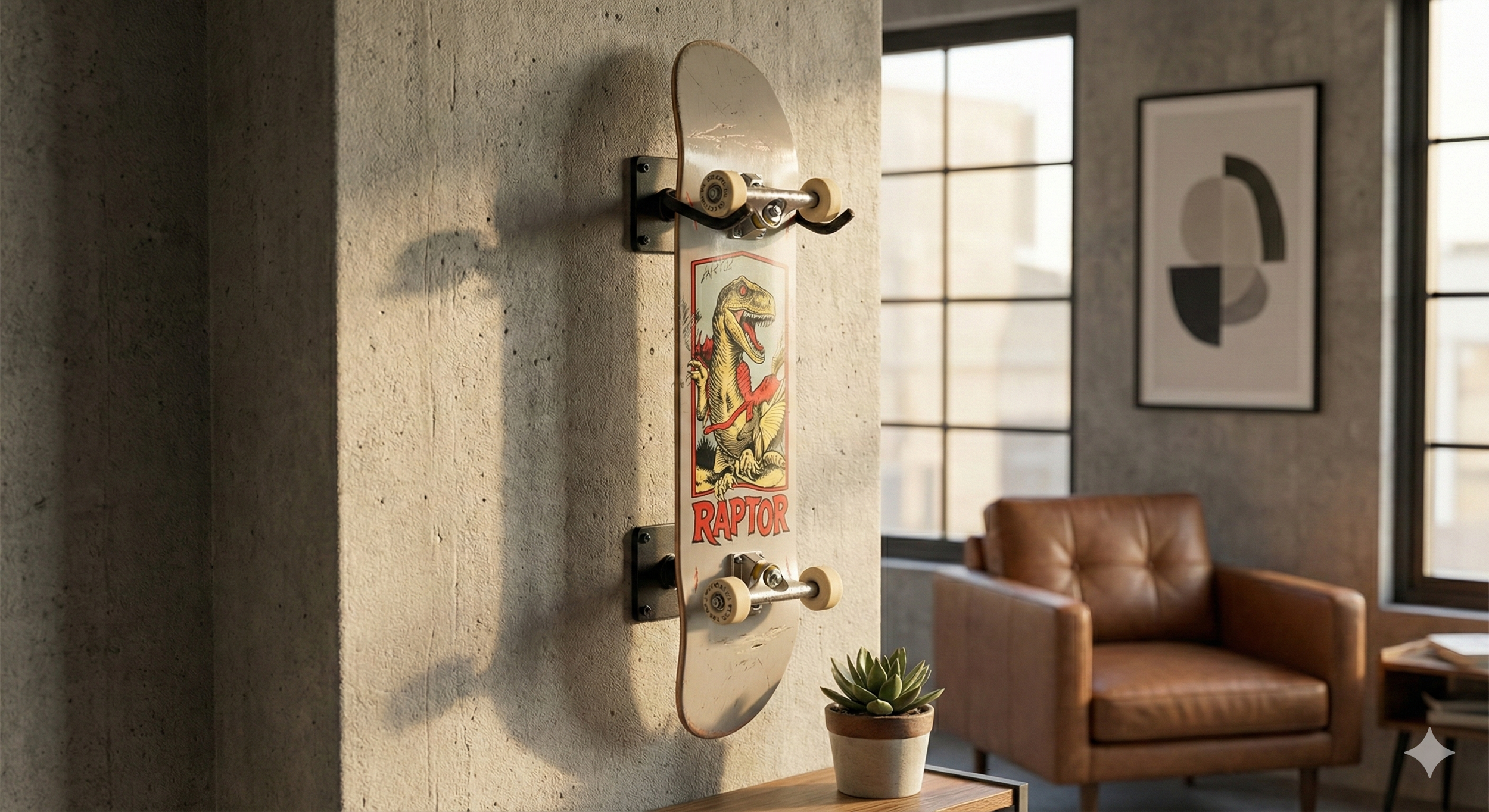 A skateboard with a vintage dinosaur illustration and the word "Raptor" hanging on a wall in a modern living room with large windows, an armchair, a framed abstract art print, and a small potted succulent plant.