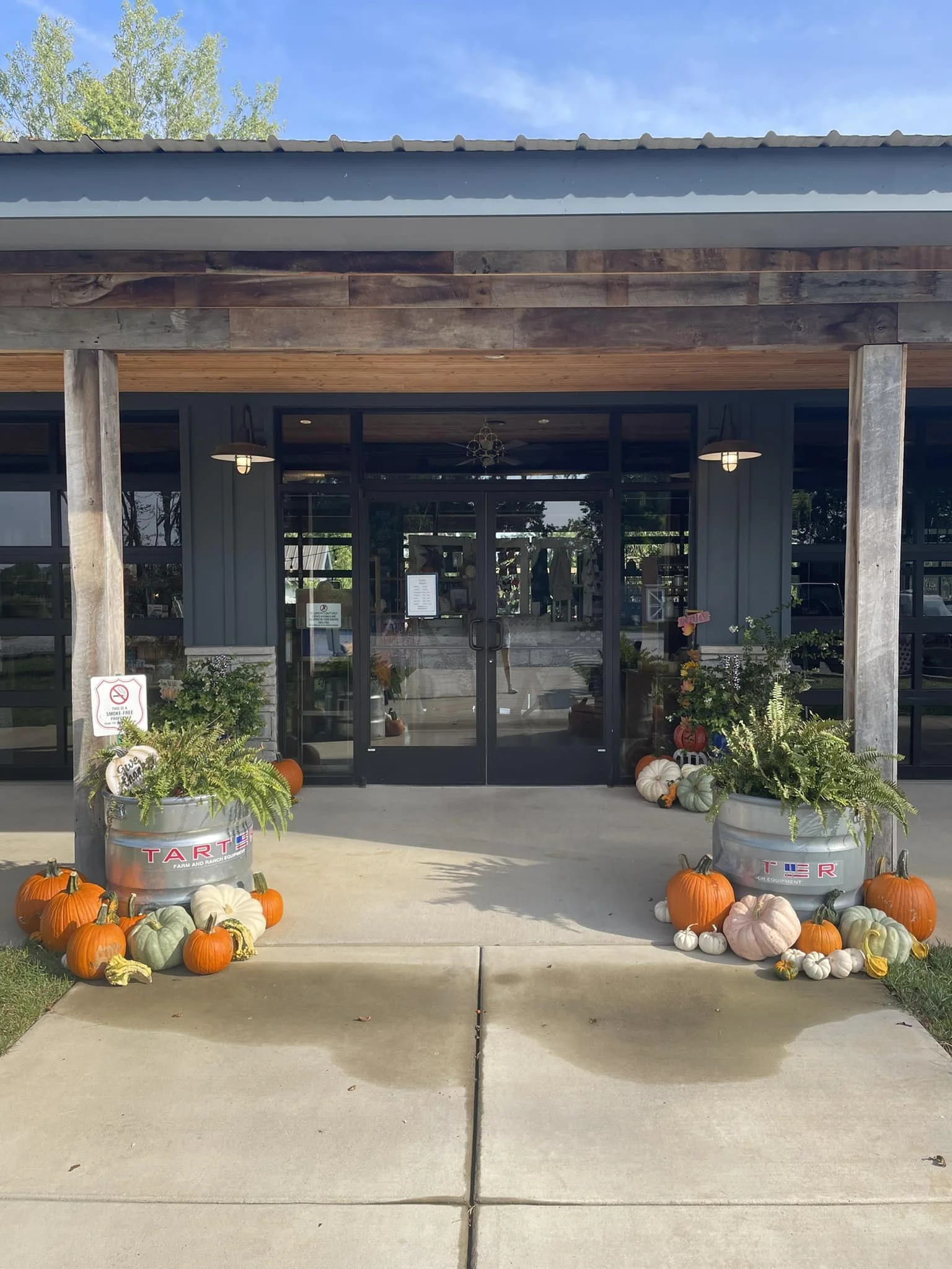 Store entrance decorated with pumpkins and plants for fall or Halloween.