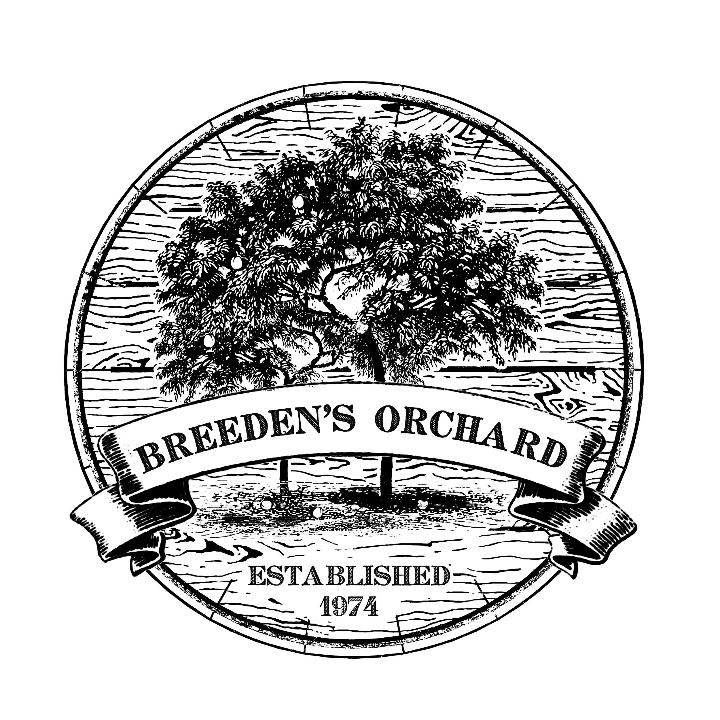 Black and white illustration of a circular logo featuring an orchard with a tree in the center and a banner that says 'Breeden's Orchard.' The logo states it was established in 1974.
