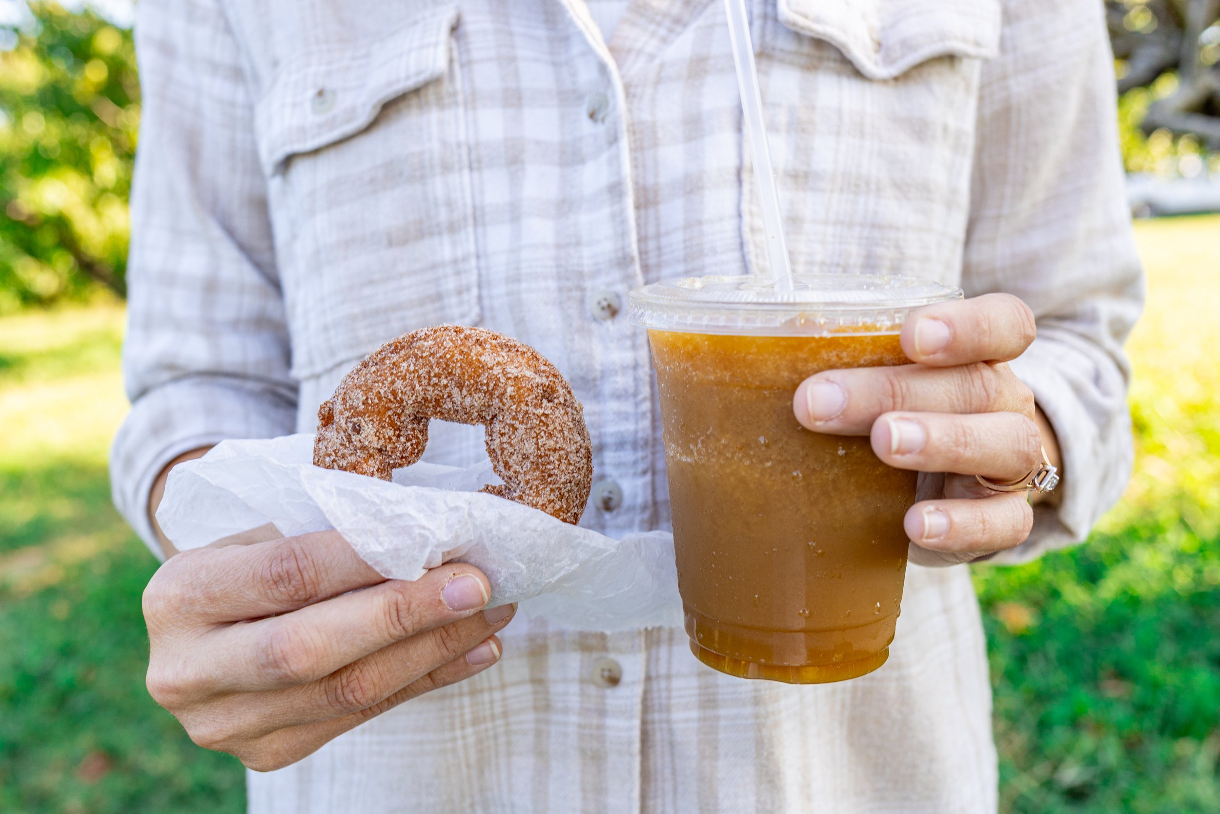 Person holding a cinnamon sugar donut and iced coffee outdoors in a park.
