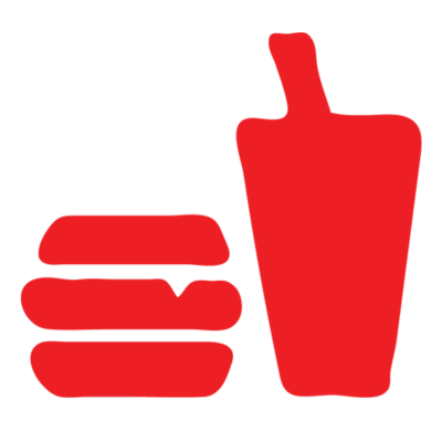 A red thumbs-up hand gesture next to a red soda cup with a straw.