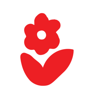 Red flower with five petals and a black center, with a red leaf below it.