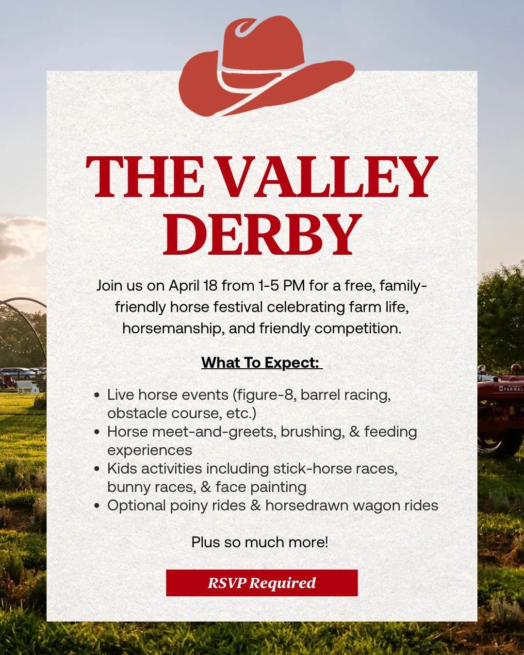 The Valley Derby is coming to Hidden Valley Orchards! 🐎

Spend the day watching live horse events, meeting local riders, and enjoying hands-on activities for the whole family. 🤠

Farm admission is free with optional paid experiences like pony rides
