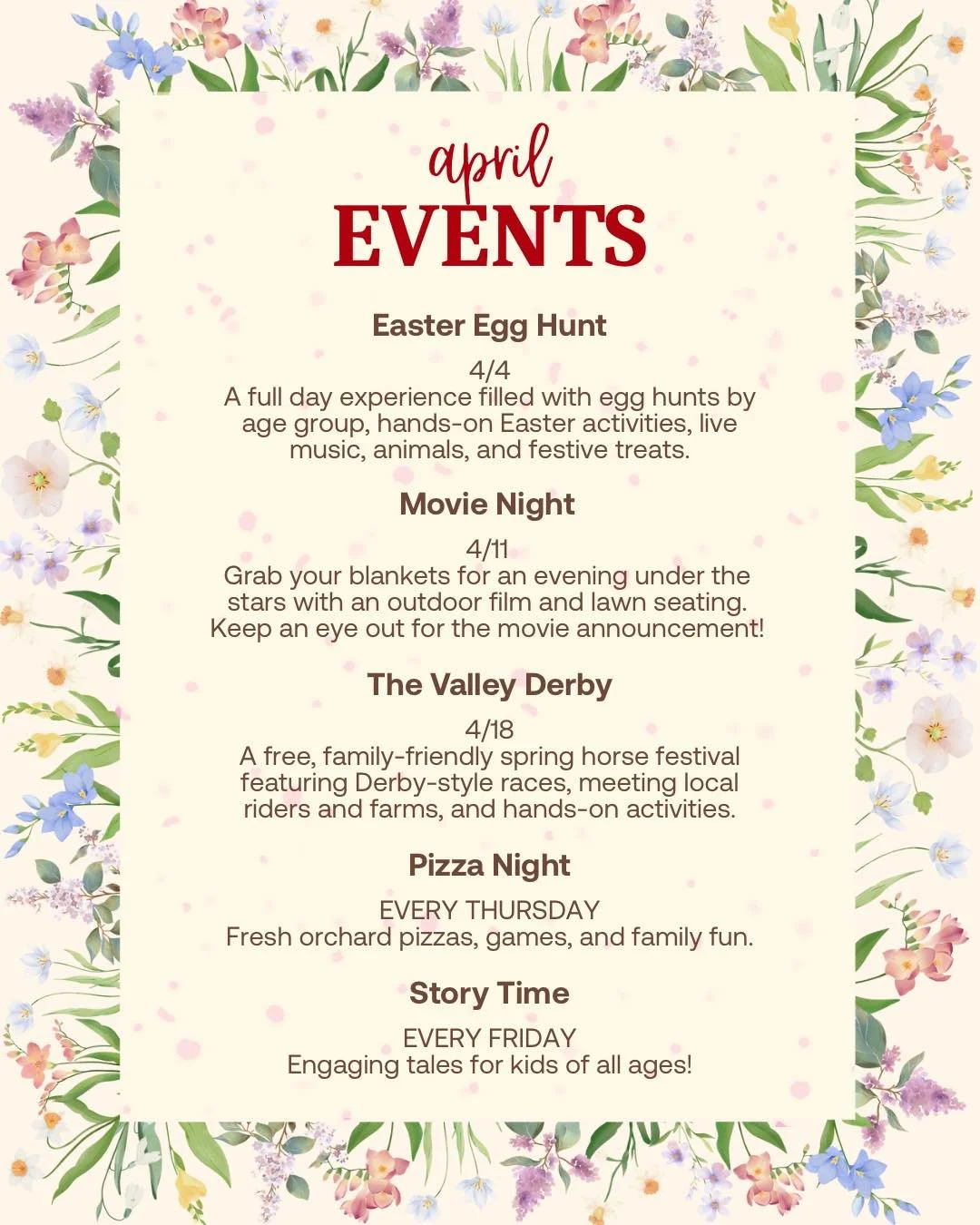 April is full of fresh air, family fun, and some of our favorites ways to spend a day at the orchard. 🍏

From live music and great food to time outside with the people you love, there&rsquo;s something happening all month long - and we can&rsquo;t w