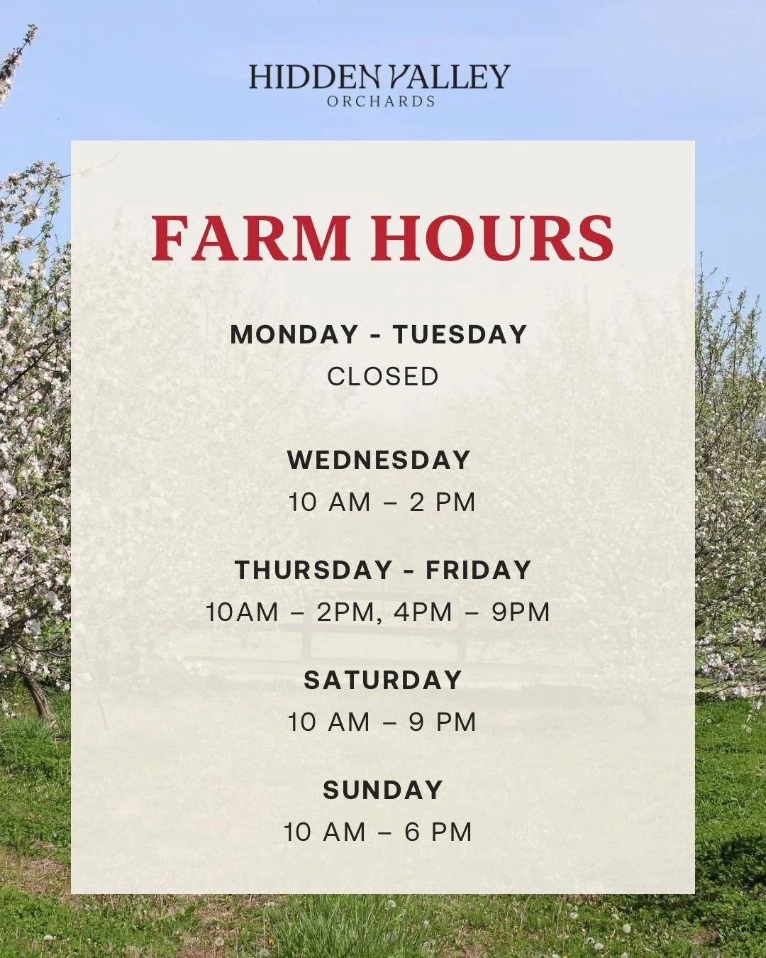 Our weekly hours for the season are here - more time to visit, explore, and enjoy everything the orchard has to offer. 🌿

Take a look at what&rsquo;s open and start planning your next visit. We can&rsquo;t wait to see you! ✨

#HiddenValleyOrchards #