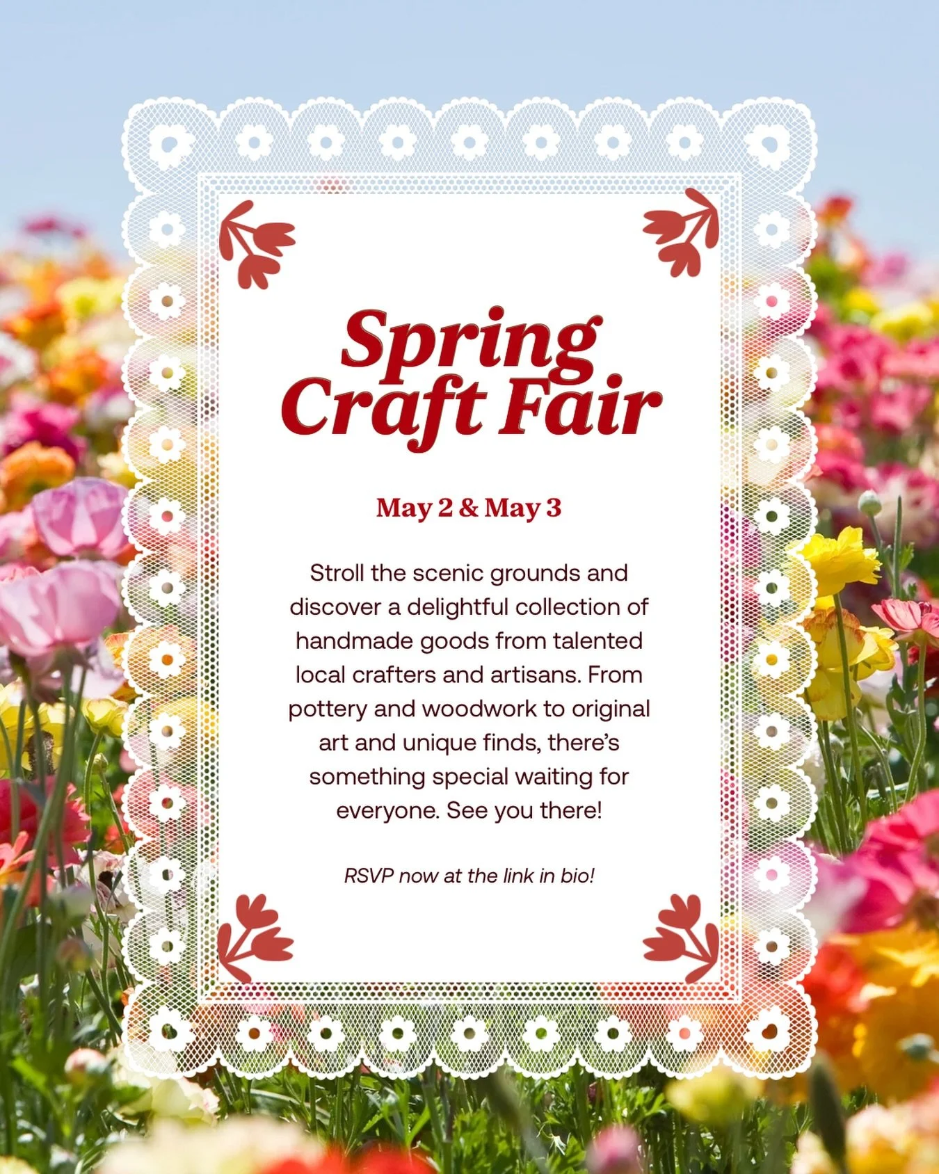 Join us for our Spring Craft Fair! 🌸

We&rsquo;re bringing together local makers, small businesses, and one-of-a-kind finds for a weekend of shopping, strolling, and enjoying the farm. 🛍

Come browse, support local, and spend a sweet spring day at 