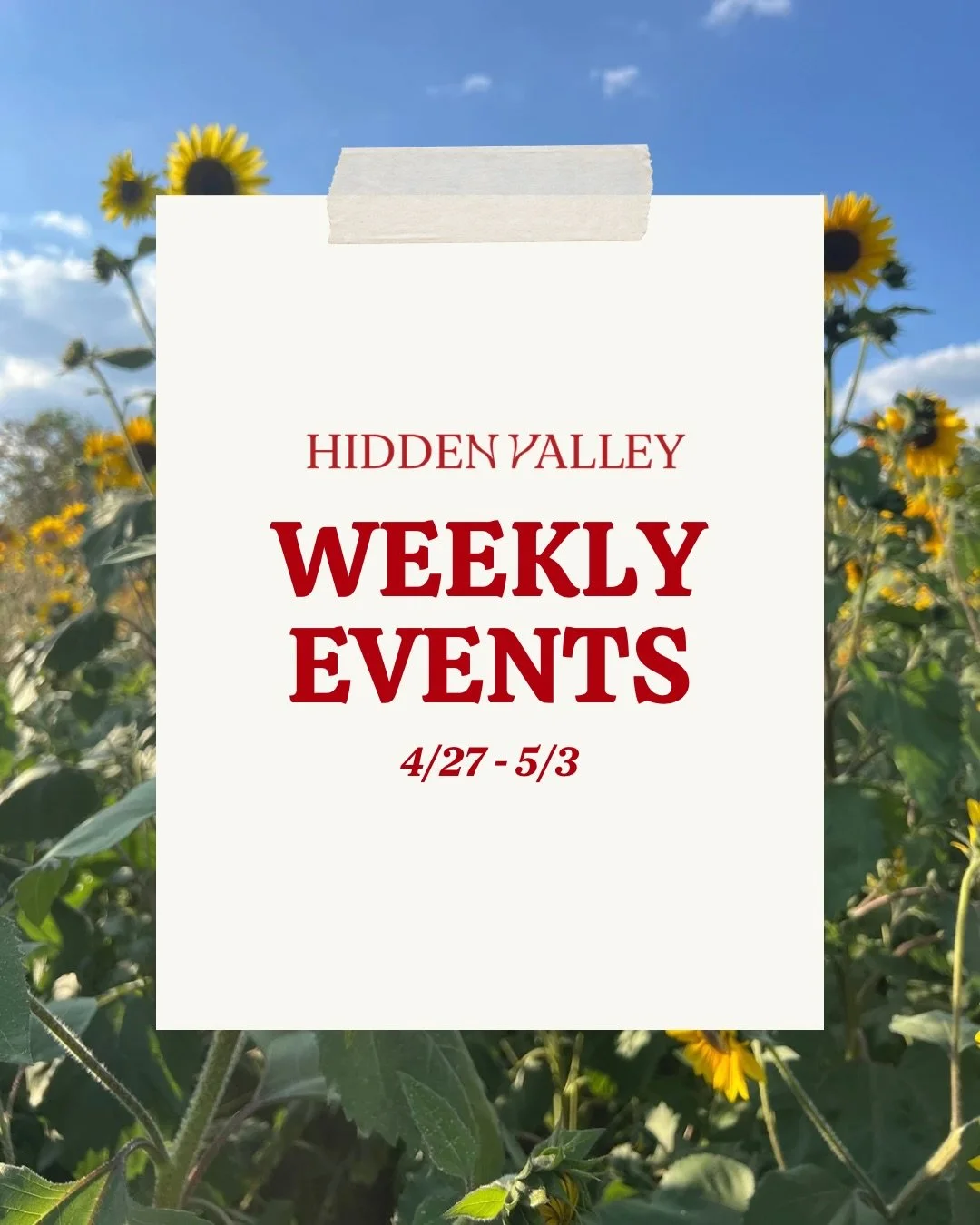 A new week at Hidden Valley 🌻

Spring Craft Fair, Pizza Night, Karaoke, and more. Come hang with us! 🛍️✨ 

#HiddenValleyOrchards #ExploreOhio #FamilyFun #FarmFun #FarmEvents
