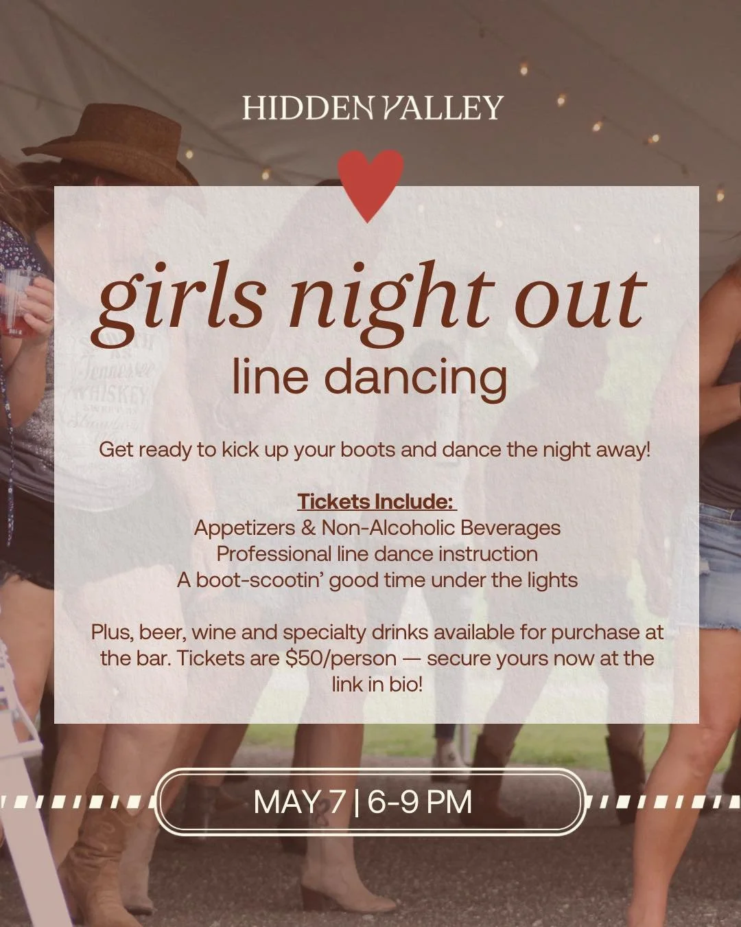 Boots, besties, and a little line dancing 🤠

Join us for a Girls Night Out filled with line dancing, good music, and a fun night in the Honeycrisp Barn. No experience needed - just come ready and have a good time! Get your tickets now at the link in