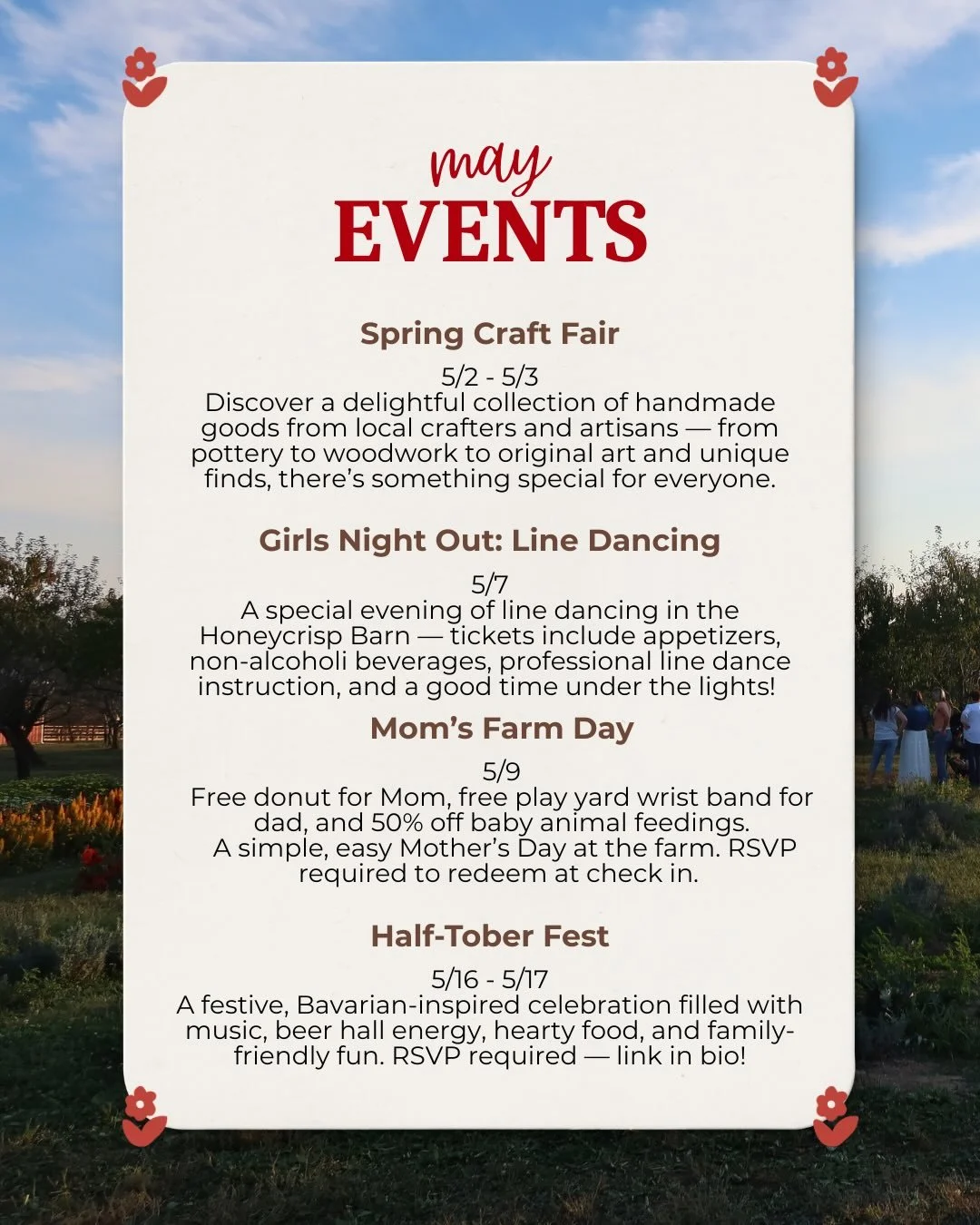 Hello, May! 🌸 

Longer days and blooming views - we&rsquo;ve got a month full of events, golden days, and time outside waiting for you at the orchard. Take a look at what&rsquo;s coming up and start planning your next visit. ✨ 

#HiddenValleyOrchard