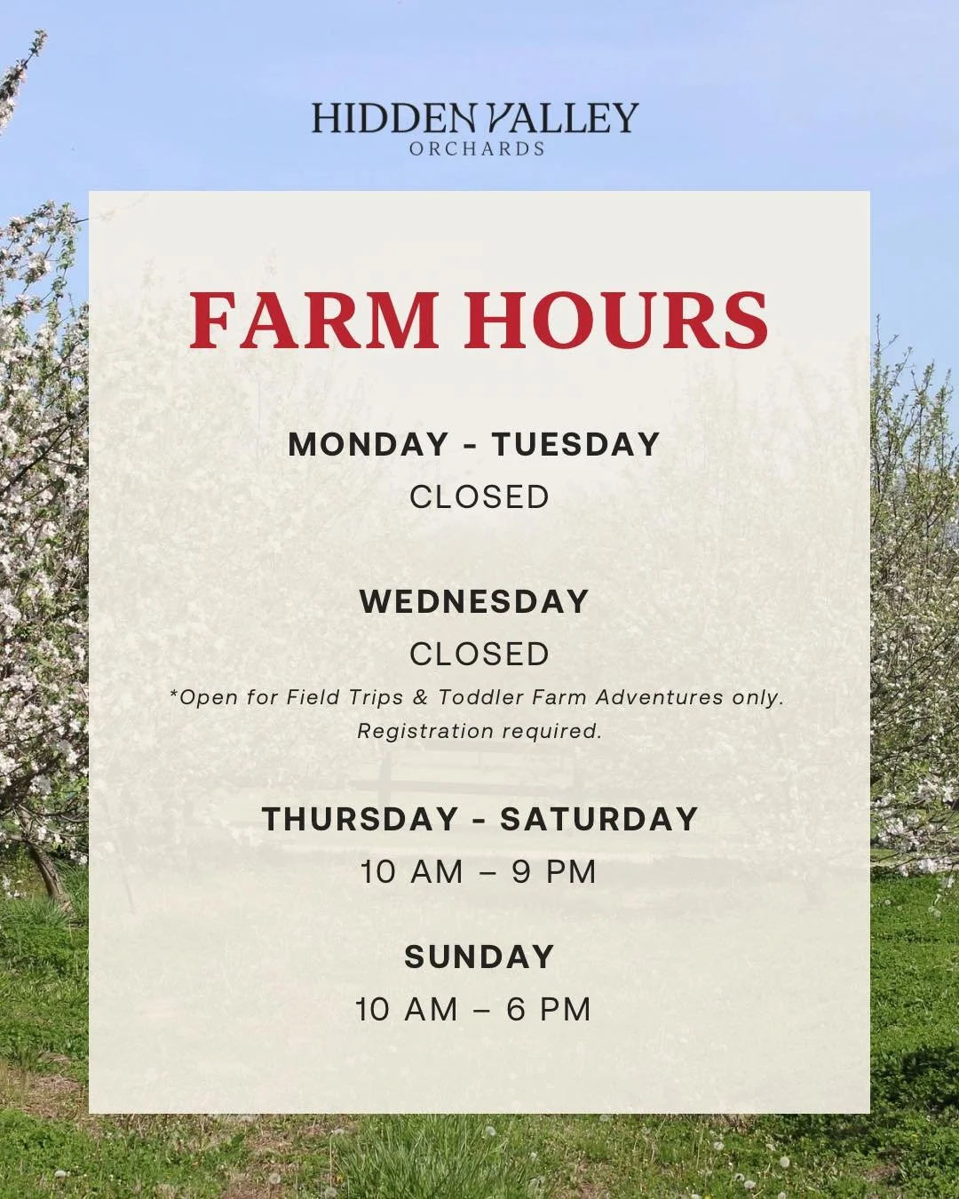 Updated farm hours - more time to visit, explore, and enjoy everything the orchard has to offer. 🌿

Take a look and start planning your next visit. We can&rsquo;t wait to see you! ✨

#HiddenValleyOrchards #LebanonOH #NowOpen #OrchardHours #LocalFun