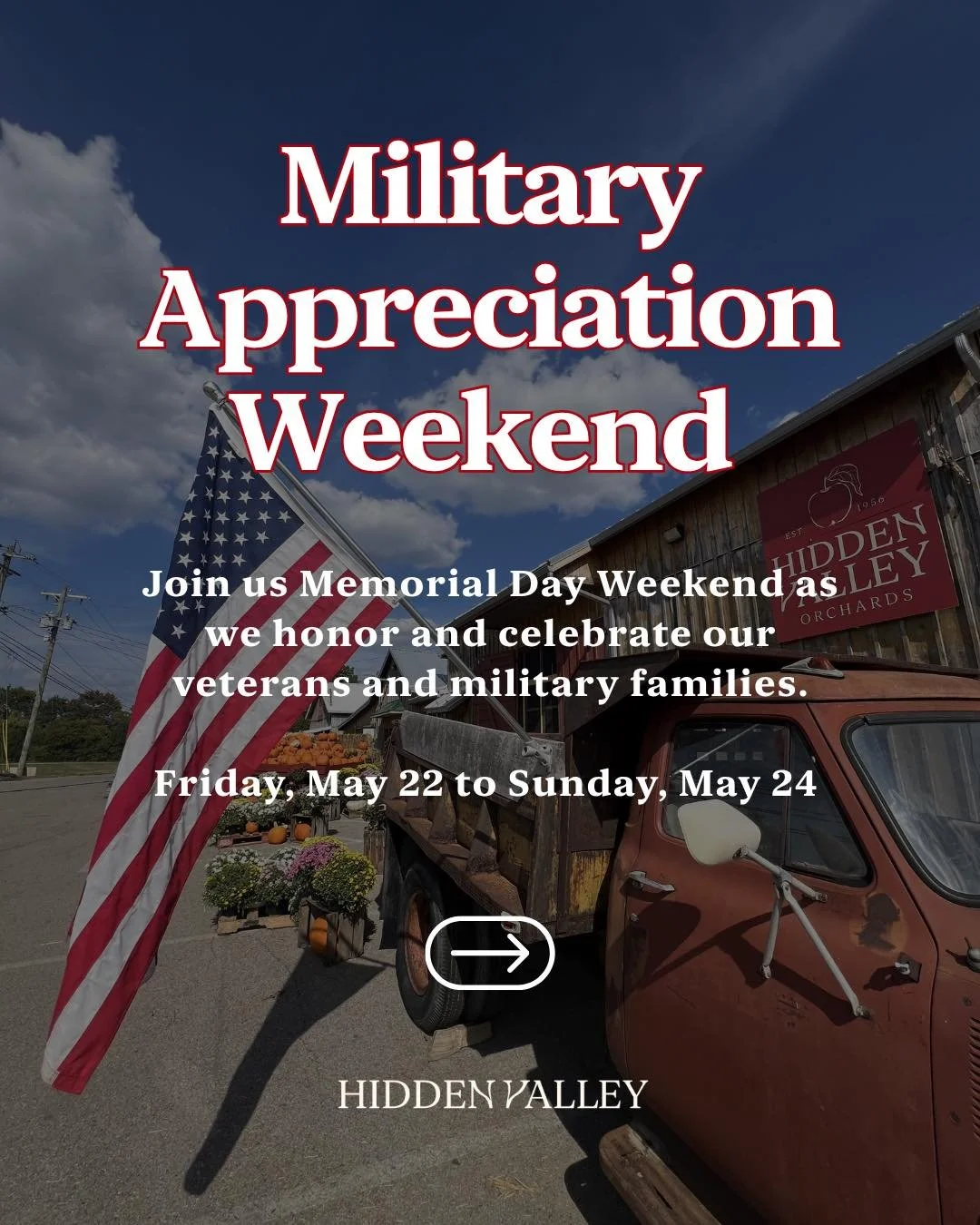 This Memorial Day Weekend, we&rsquo;re honoring and celebrating our veterans and military families at Hidden Valley. 🇺🇸

From Friday, May 22 through Sunday, May 24 - all veterans will receive:

🍩 Free Donut
🌿 Free Activity Yard Pass

Join us for 