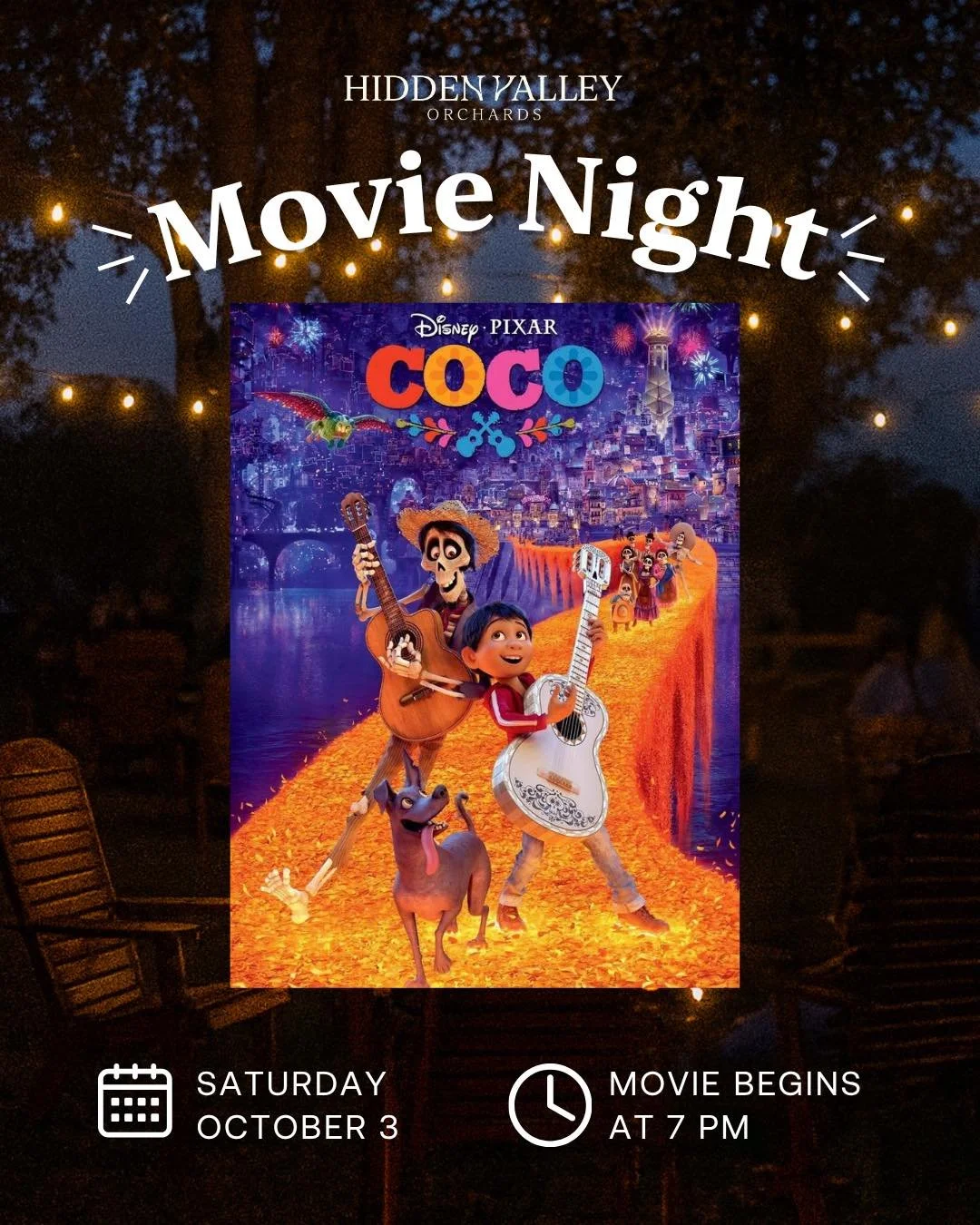 Join us Saturday, October 3 for an outdoor showing of Coco at Hidden Valley! 🎬

Grab your blankets and lawn chairs, find a cozy spot, and settle in for a movie under the stars. 🍿✨

#HiddenValleyOrchards #Coco #MovieNight #FallVibes #OhioEvents