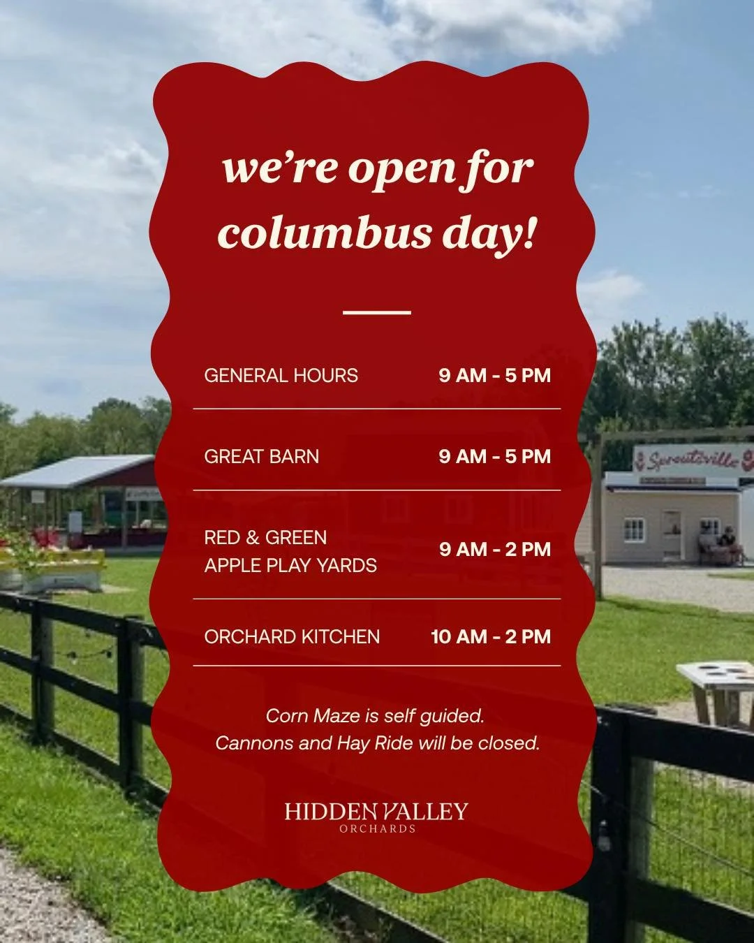 A little extra time for fall fun! 🍎🍂

We're open for Columbus Day &mdash; come spend your Monday at Hidden Valley! Check out our holiday hours above. 👀

#HiddenValleyOrchards #LebanonOH #ColumbusDay #HolidayHours #FallFun