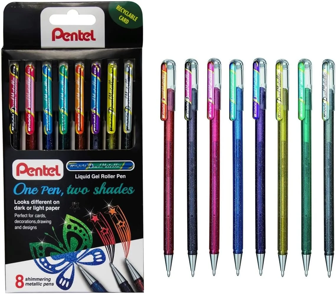 Pentel Hybrid Dual Metallic Liquid Gel Roller Pen YK110/8-M - Pack of 8 Pens in 16 Shimmering Metallic Colours