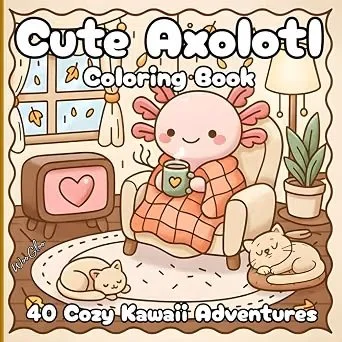 Cute Axolotl Coloring Book: 40 Cozy Kawaii Adventures: Relaxing animal scenes; bold lines, simple designs; single-sided pages for teens and adults - stress relief