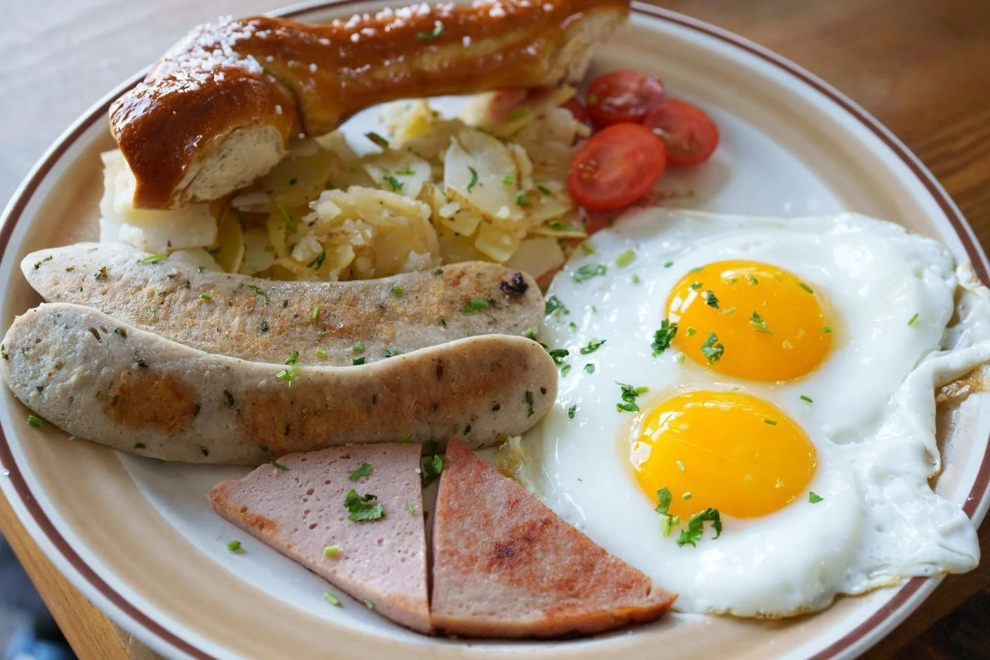 🍳 Bauhaus Fr&uuml;hst&uuml;ck (Traditional German Breakfast) 

Weisswurst, Fleischk&auml;se, butter potatoes, fresh cherry tomatoes, two eggs, and pretzel bites 🥨

Pairs beautifully with a Hefeweizen 🍺

⏰ Saturdays &amp; Sundays, 11 AM - 1 PM

🍀 
