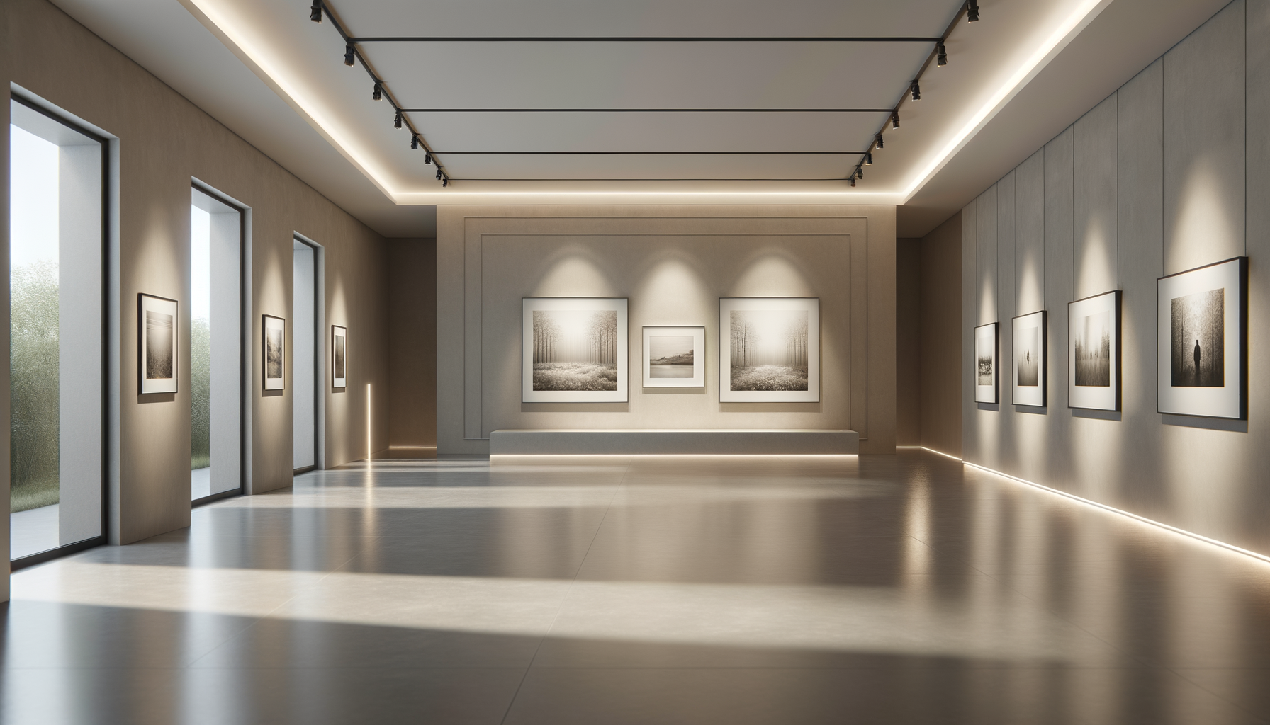 An art gallery with framed black and white photographs on the walls, minimalistic design, soft ceiling lighting, large windows on the left allowing natural light, and polished flooring.