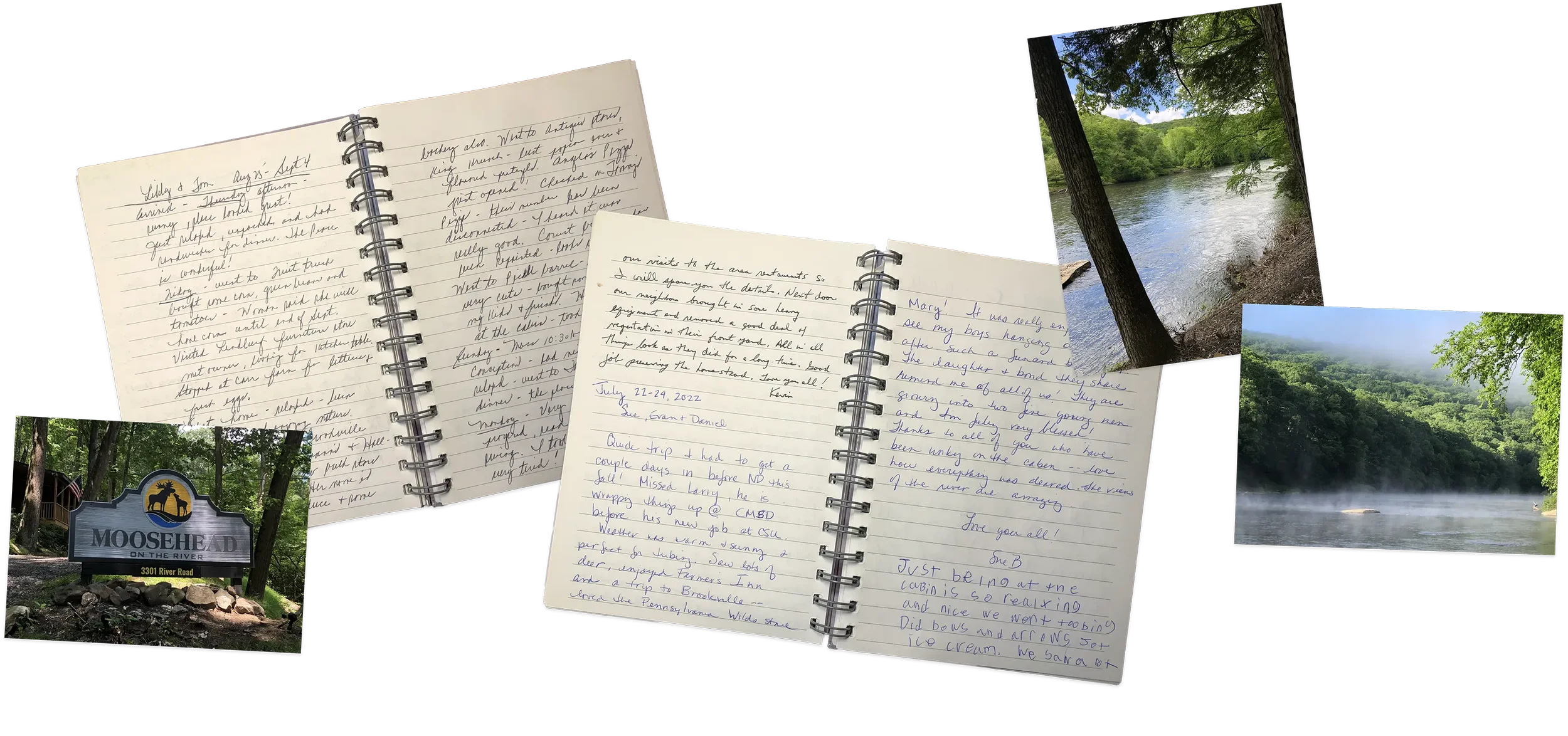 A collage of three handwritten journal entries and three nature photographs of a river, trees, and a boat, with a Moosehead sign at the bottom left.
