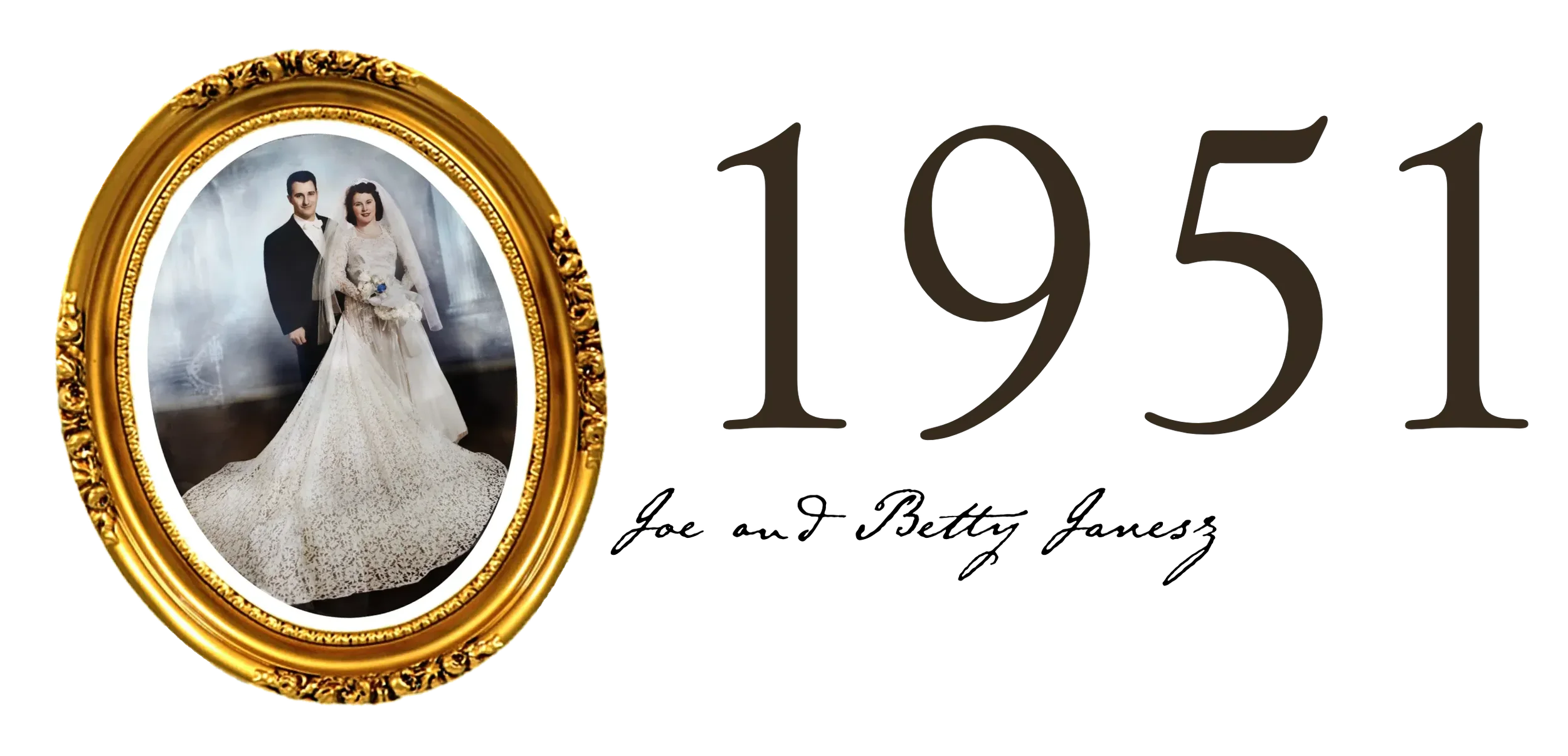 A gold-framed oval portrait of a bride and groom in wedding attire, with the numbers '1951' beside the portrait.