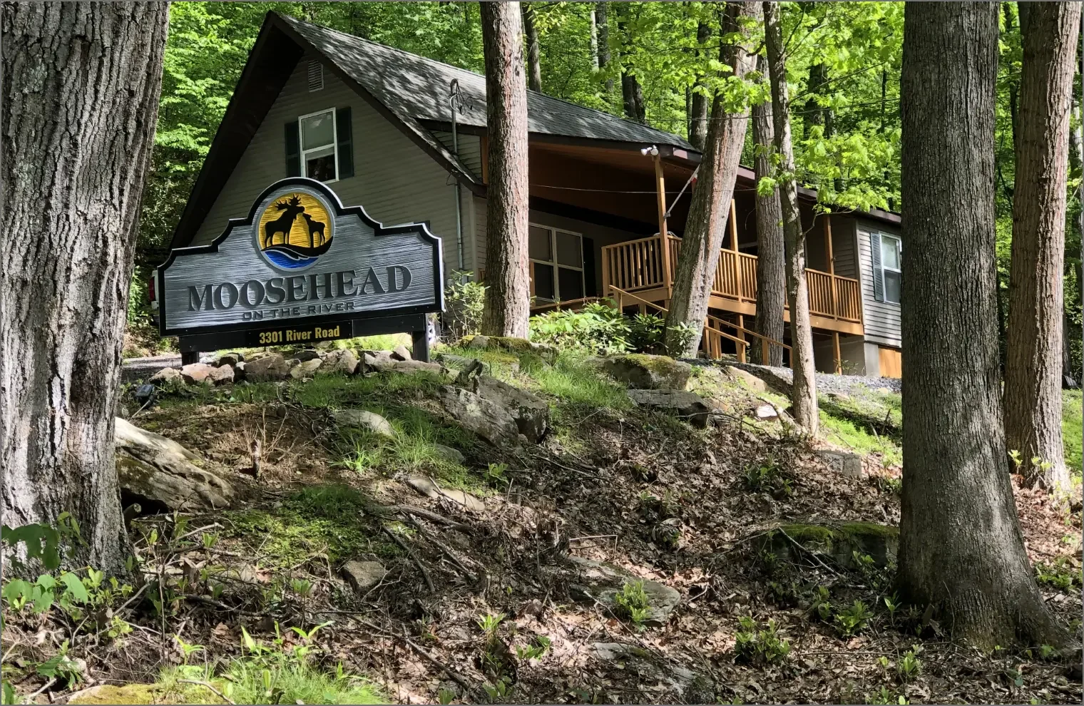 A wooden house with a front porch is situated among tall trees and greenery. A sign reads 'Moosehead on the River' indicating it's a lodge or cabin in a forested area by the river.