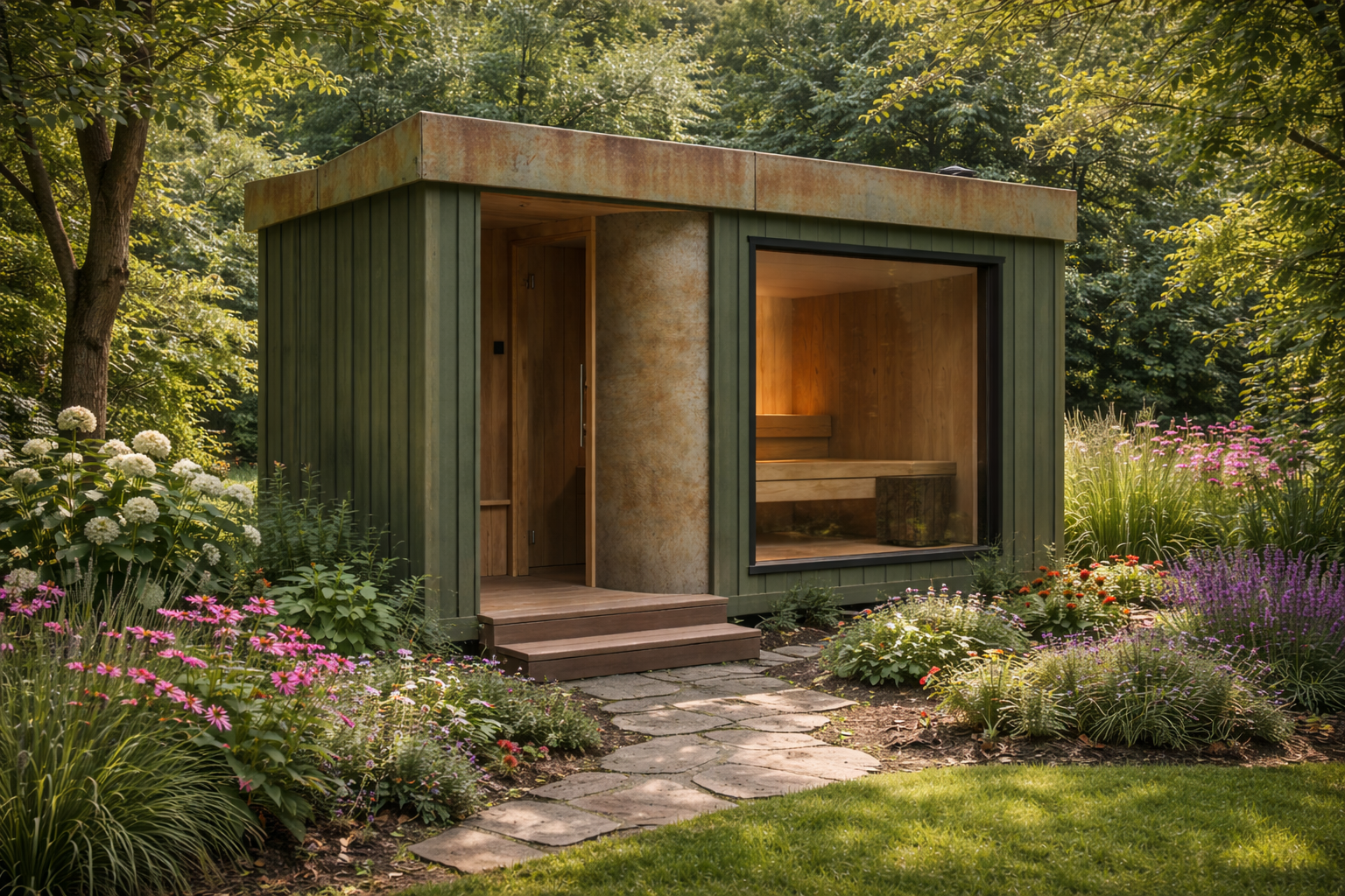 Concept-designed bespoke garden sauna with minimalist architecture and natural landscaping, demonstrating Rigg Saunas’ custom sauna design expertise