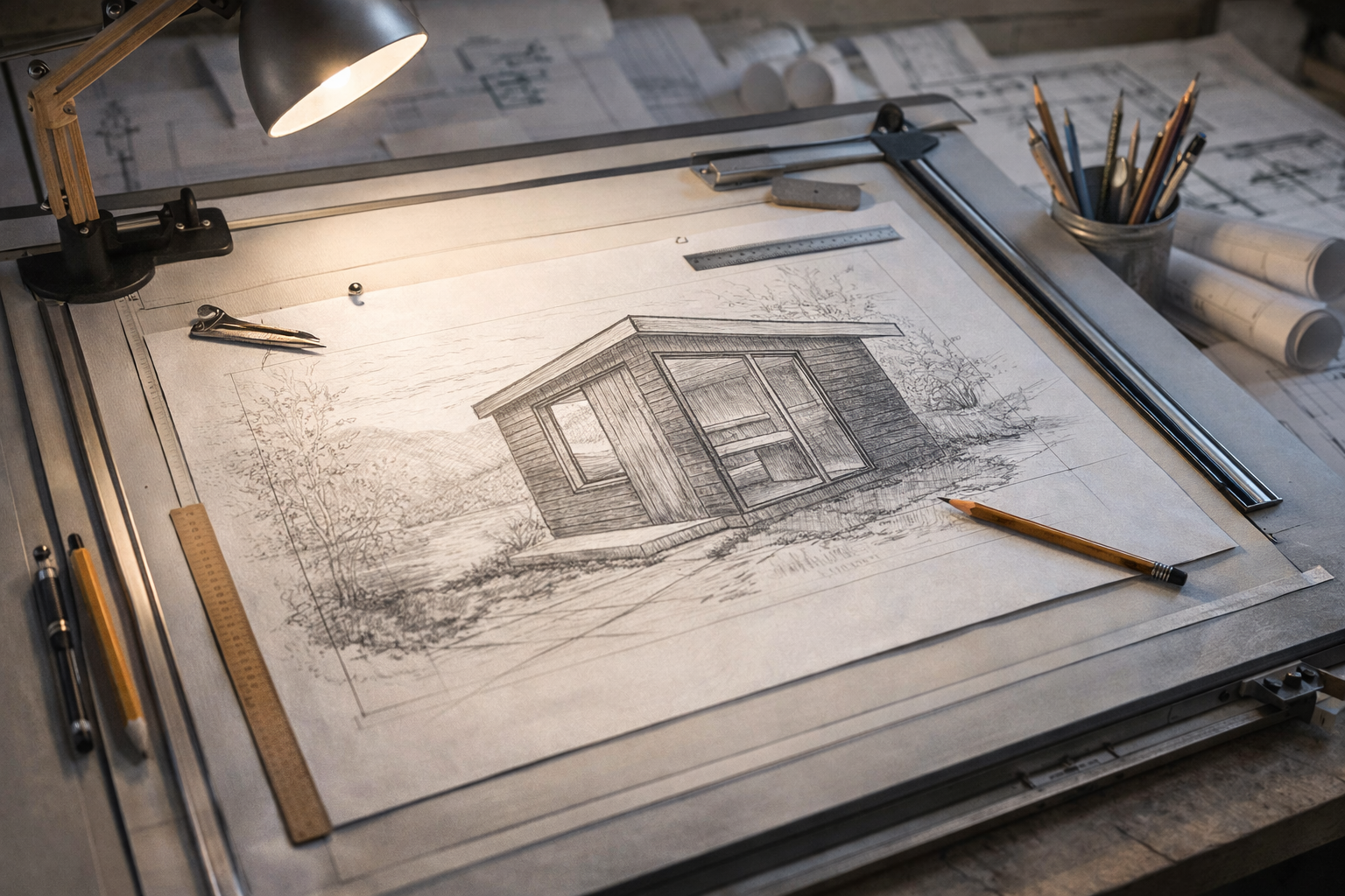 Technical architectural drawing of a custom garden sauna, demonstrating expert sauna design and planning by Rigg Saunas