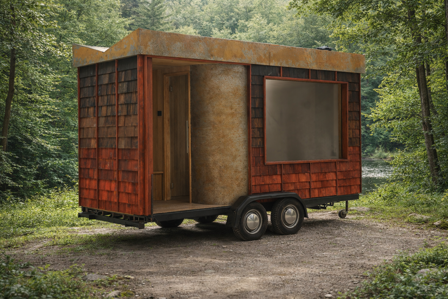 Bespoke mobile sauna cabin with timber cladding and architectural detailing, showcasing Rigg Saunas’ distinctive custom sauna design approach