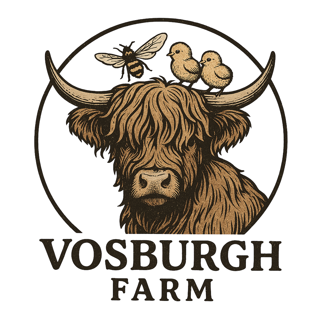 Logo of Vosburgh Farm featuring a Highland cow head with two chicks and a bee above on its horns.
