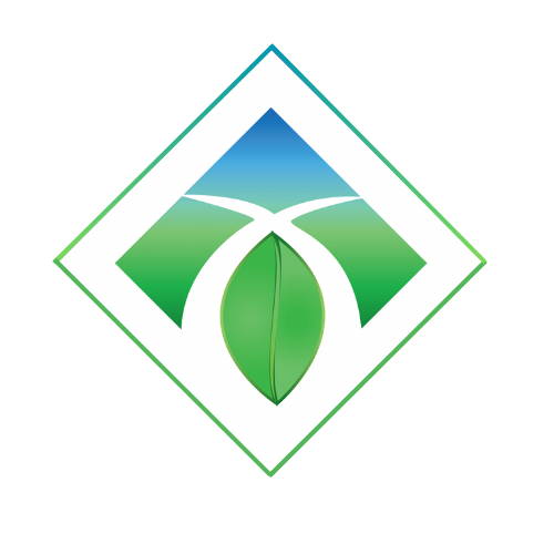 A logo with a green leaf and a stylized landscape background featuring blue sky and green fields, enclosed in a diamond shape.