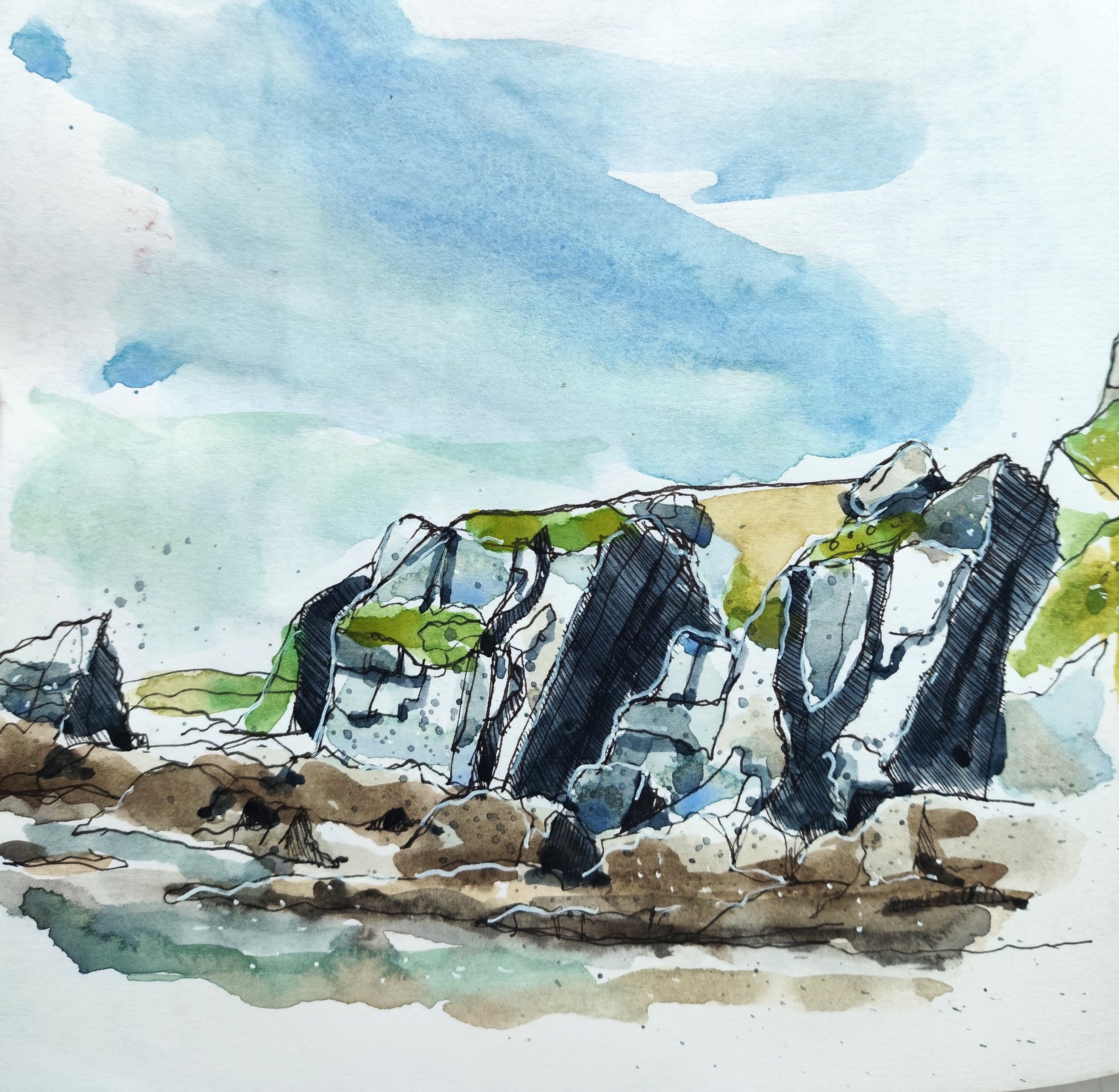 Watercolor painting of a coastal landscape with rocky cliffs, green slopes, and a cloudy sky.