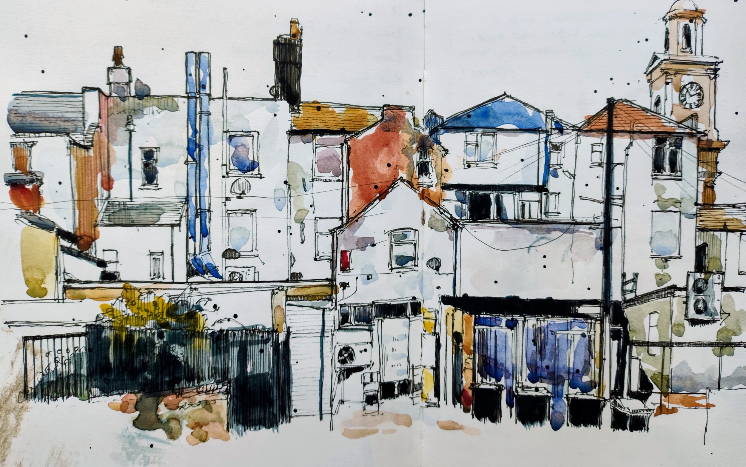 A watercolor sketch of the rear of various buildings, a clock tower, and some rooftops, using loose lines and splashes of color.