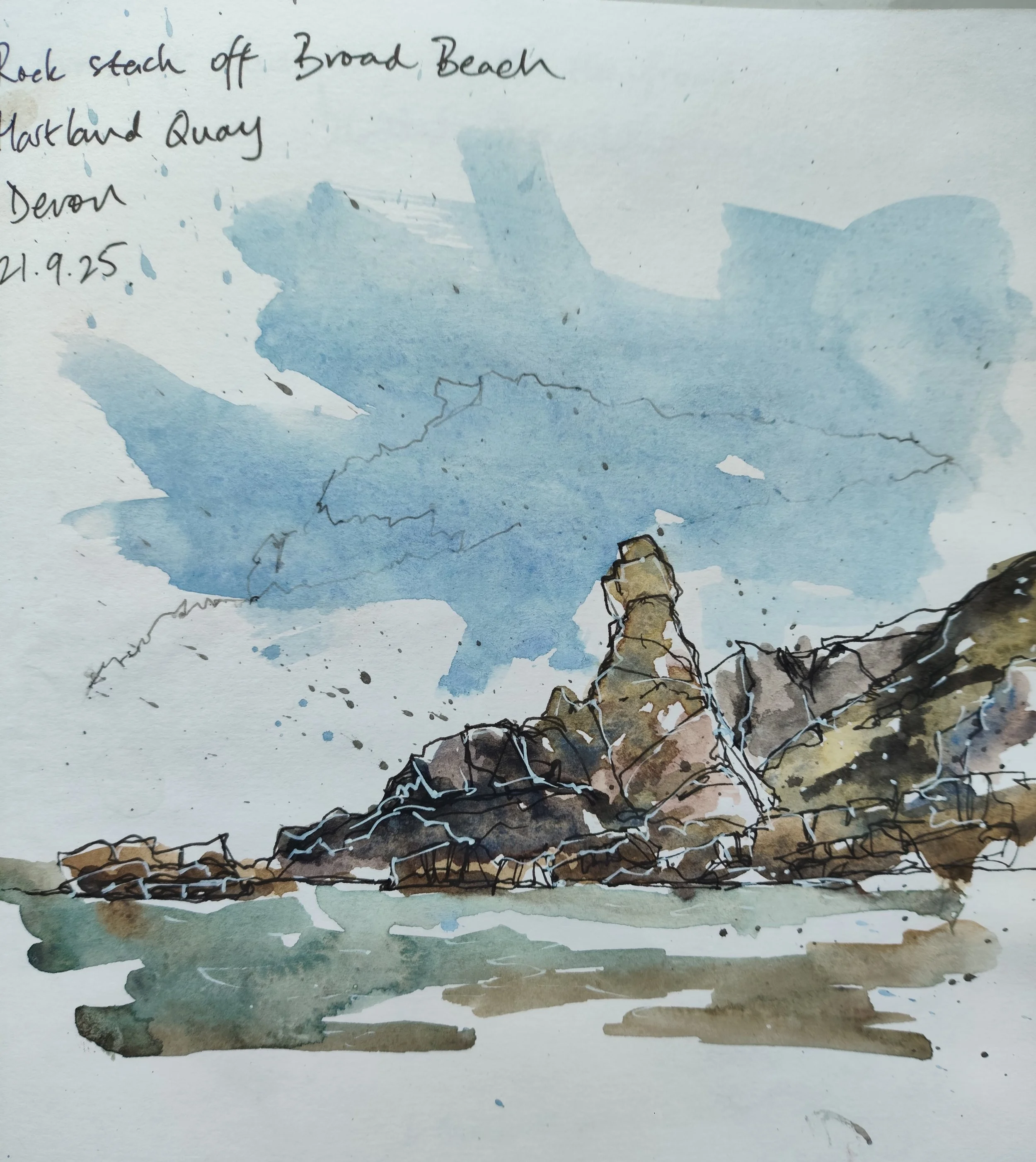 Watercolor painting of a coastal landscape with rocky cliffs, green slopes, and a cloudy sky.