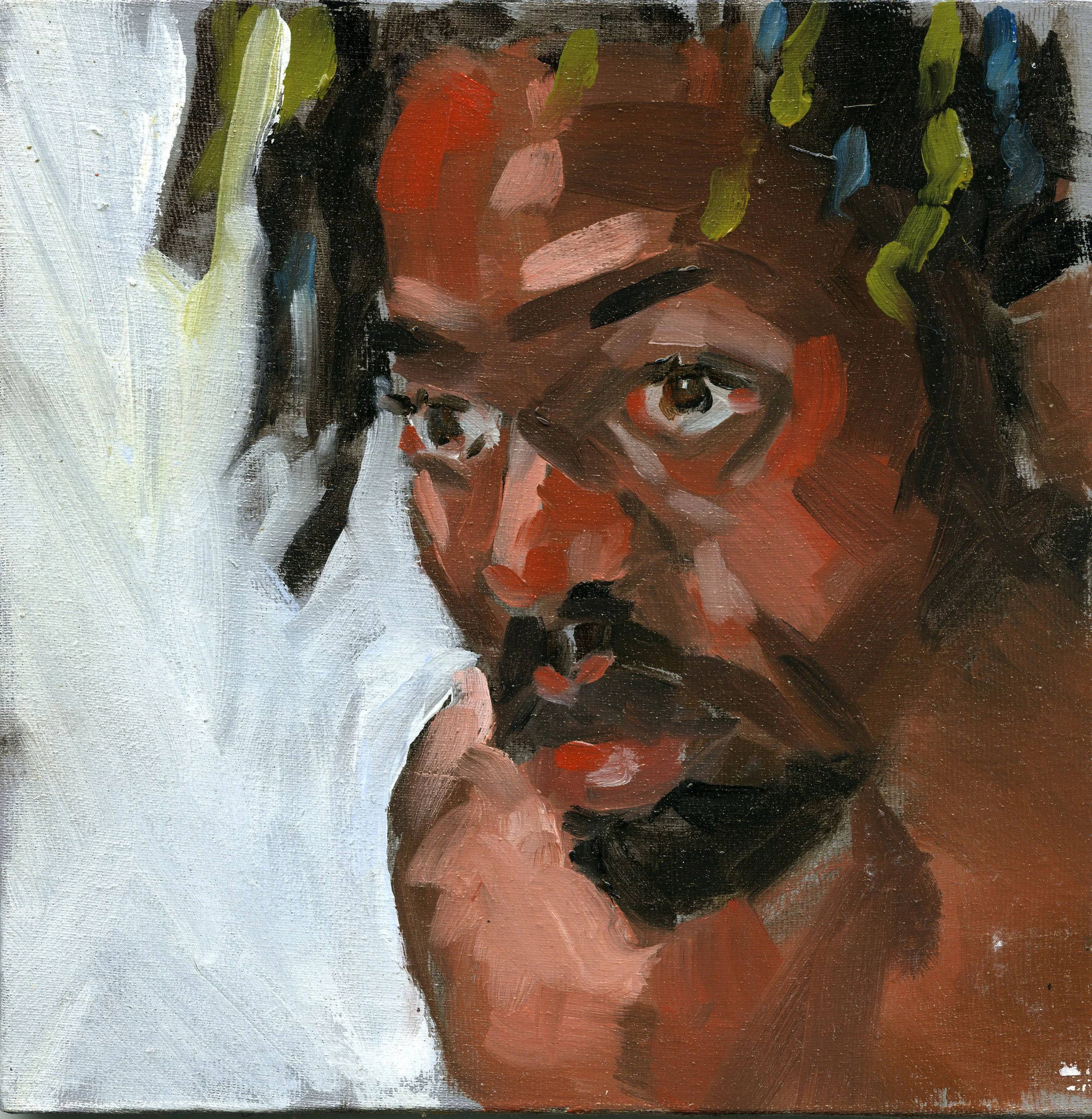Close-up of an oil painting of a handsome man's face, with dark hair and a gesture of their hand near their face. The background is mostly dark with some white on the left side.