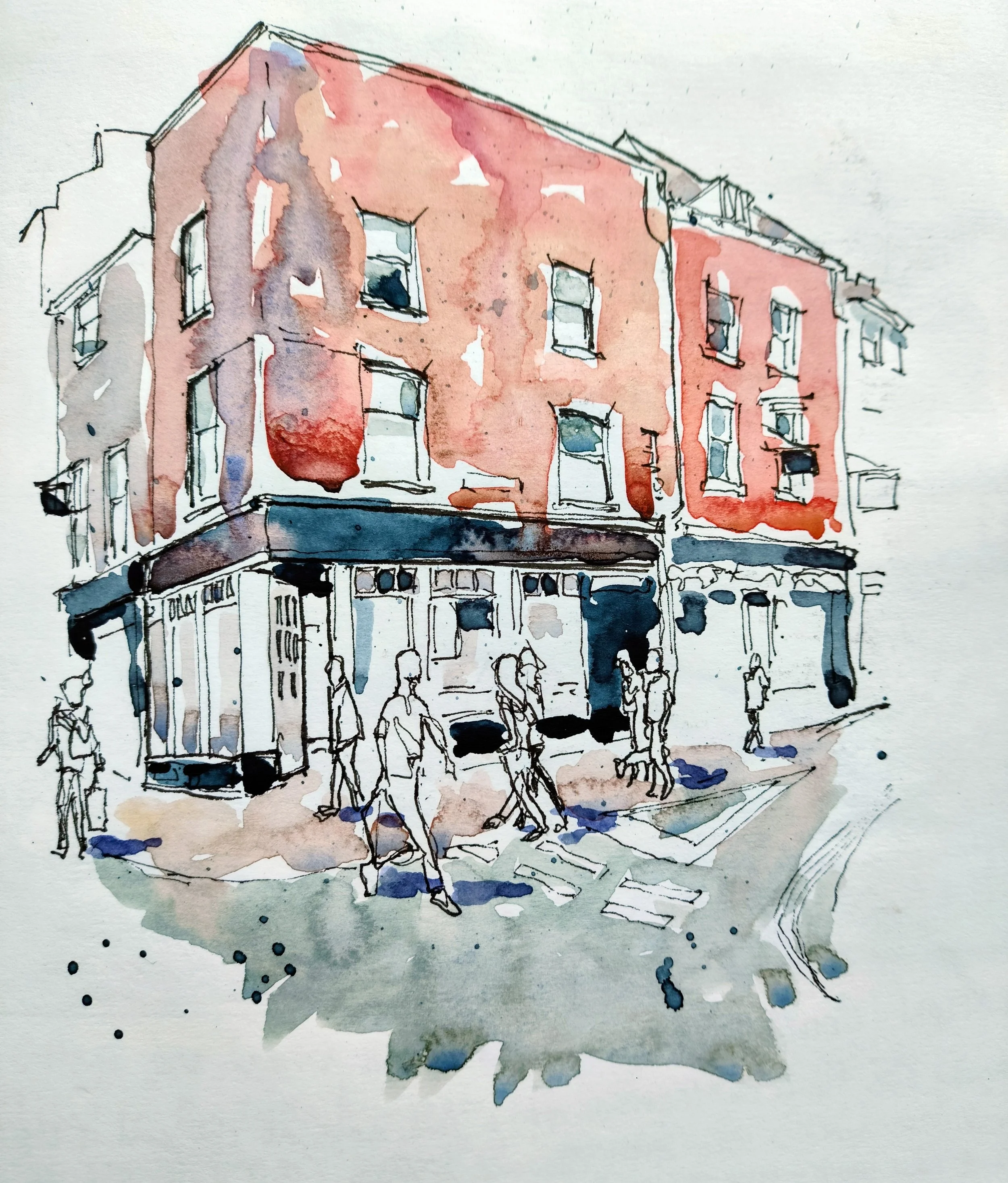 A watercolor painting of a multi-story brick building with several windows and a storefront on the ground floor, with people walking on the sidewalk in front of it.