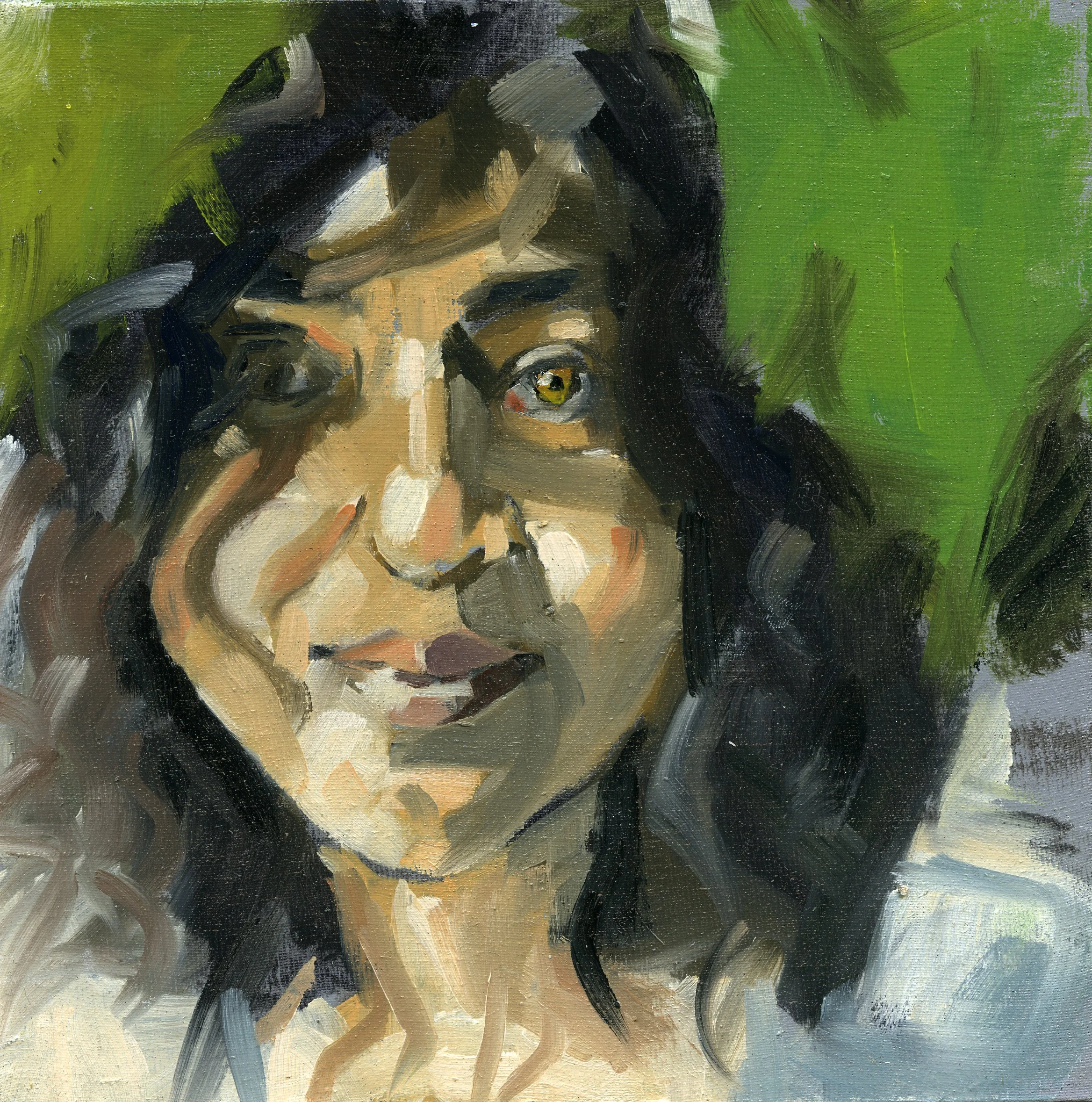 An impressionistic painting of a young woman with long black hair and glasses, looking directly at the viewer. The background is green, and the painting style is characterized by bold brushstrokes and vibrant colors.