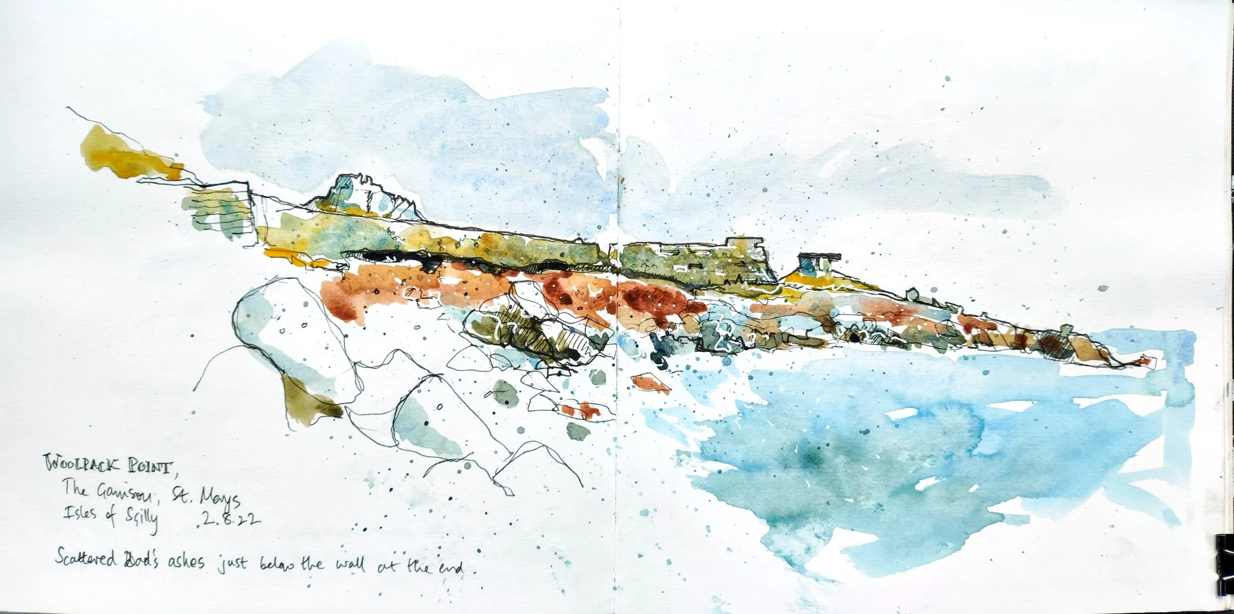 A watercolor sketch of Woolpack Point on the St. Marys, Isles of Scilly, showing a coastal landscape with rocky shore, cliffs, and part of the Garrison Wall, and a cloudy sky.