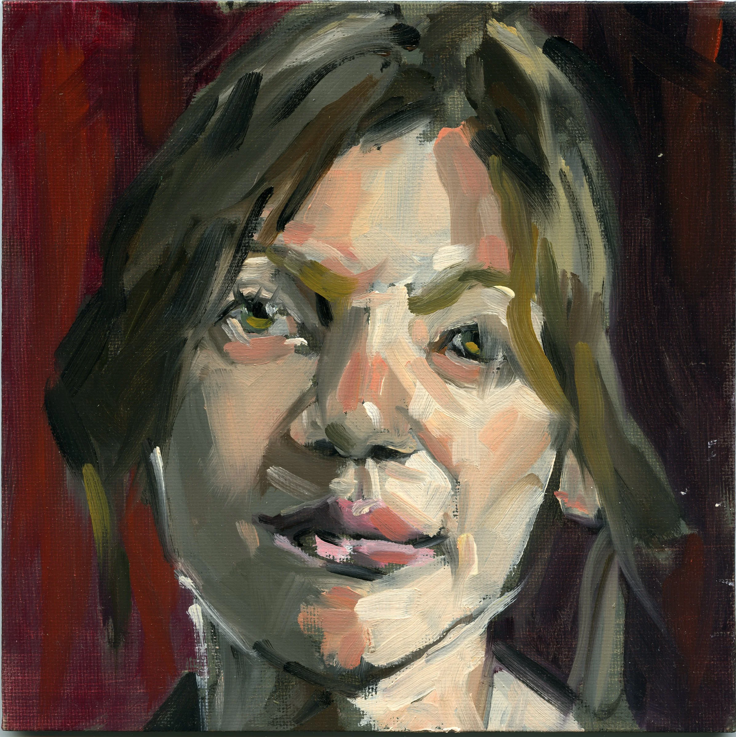 An oil portrait painting of a woman with bold, sweeping brushstrokes featuring dark greens, blacks, and hints of pink, beige, and red. The composition is dynamic with layered textures and vibrant colors.