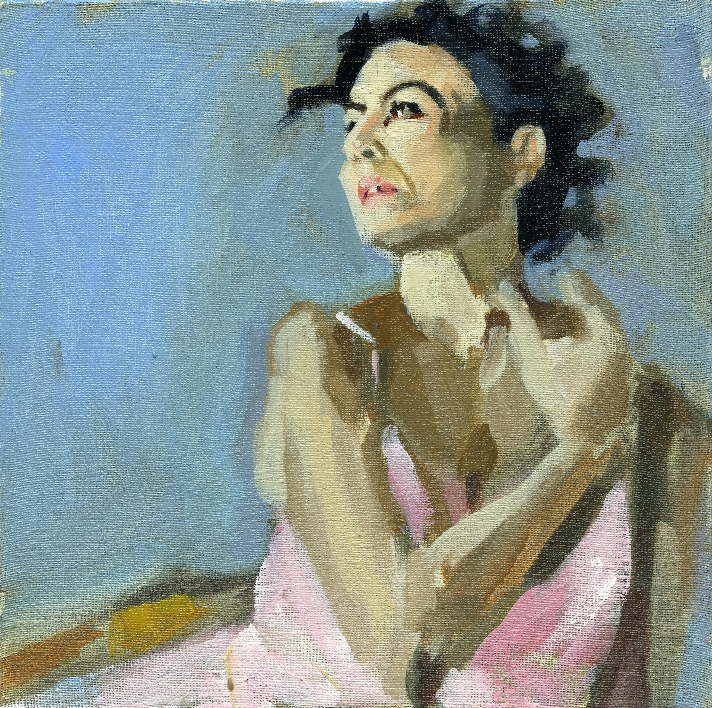 A close-up portrait of a woman with dark, curly hair, looking slightly to her right with a serene expression, set against a textured background with pastel colors.
