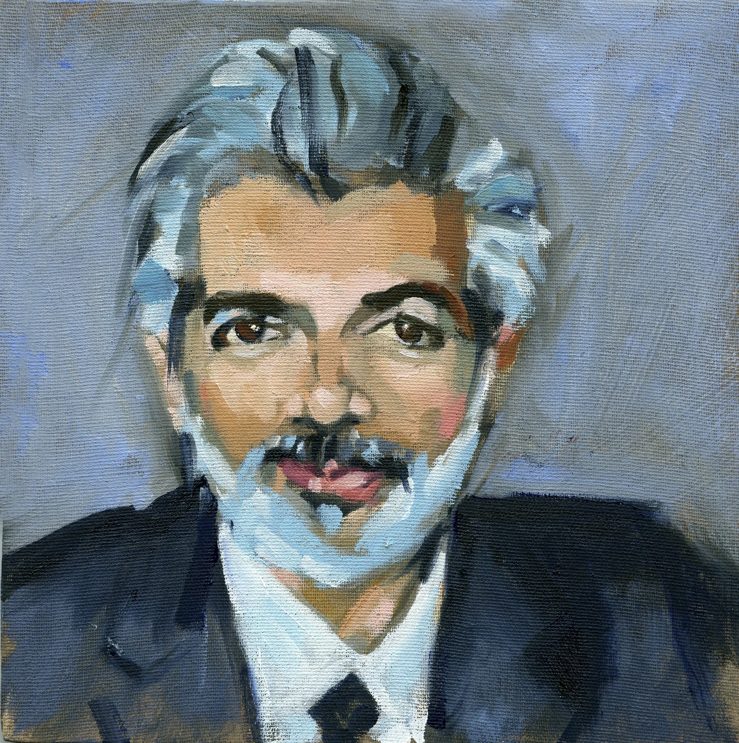 An oil portrait of a handsome man wearing a jacket and tie, painted in a textured, impressionistic style.
