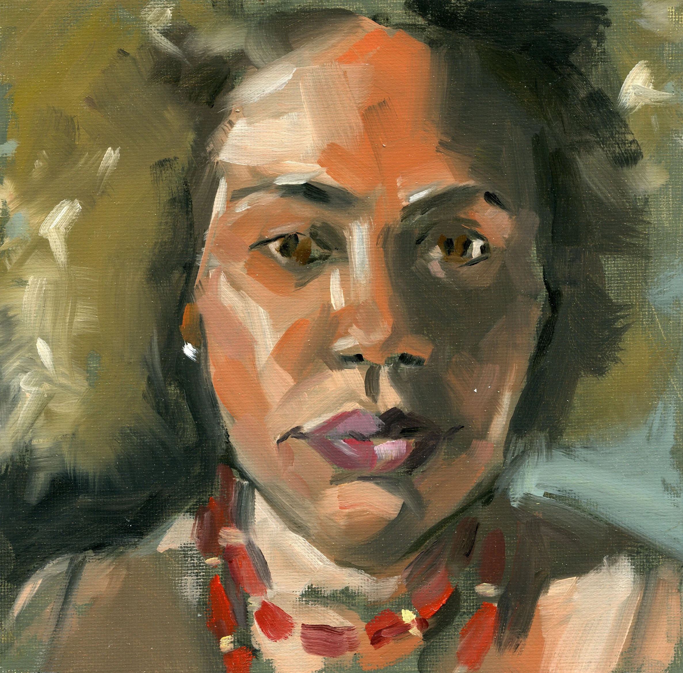 An abstract portrait painting of a woman's face with her eyes closed, created with bold, expressive brushstrokes and a muted color palette of greens, oranges, and reds.