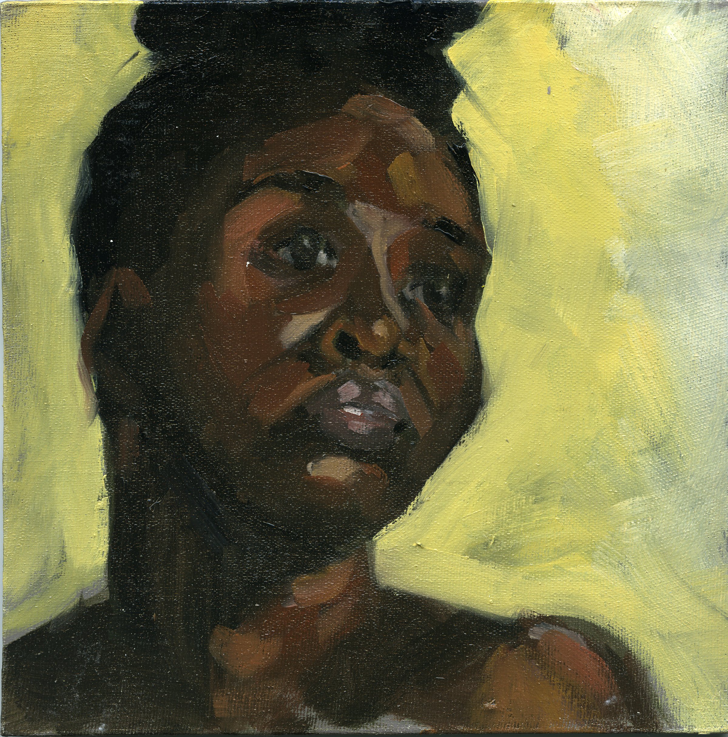 Close-up of an oil portrait painting of a woman featuring dark brown and black brushstrokes with lighter brown and white highlights, on a yellowish background.