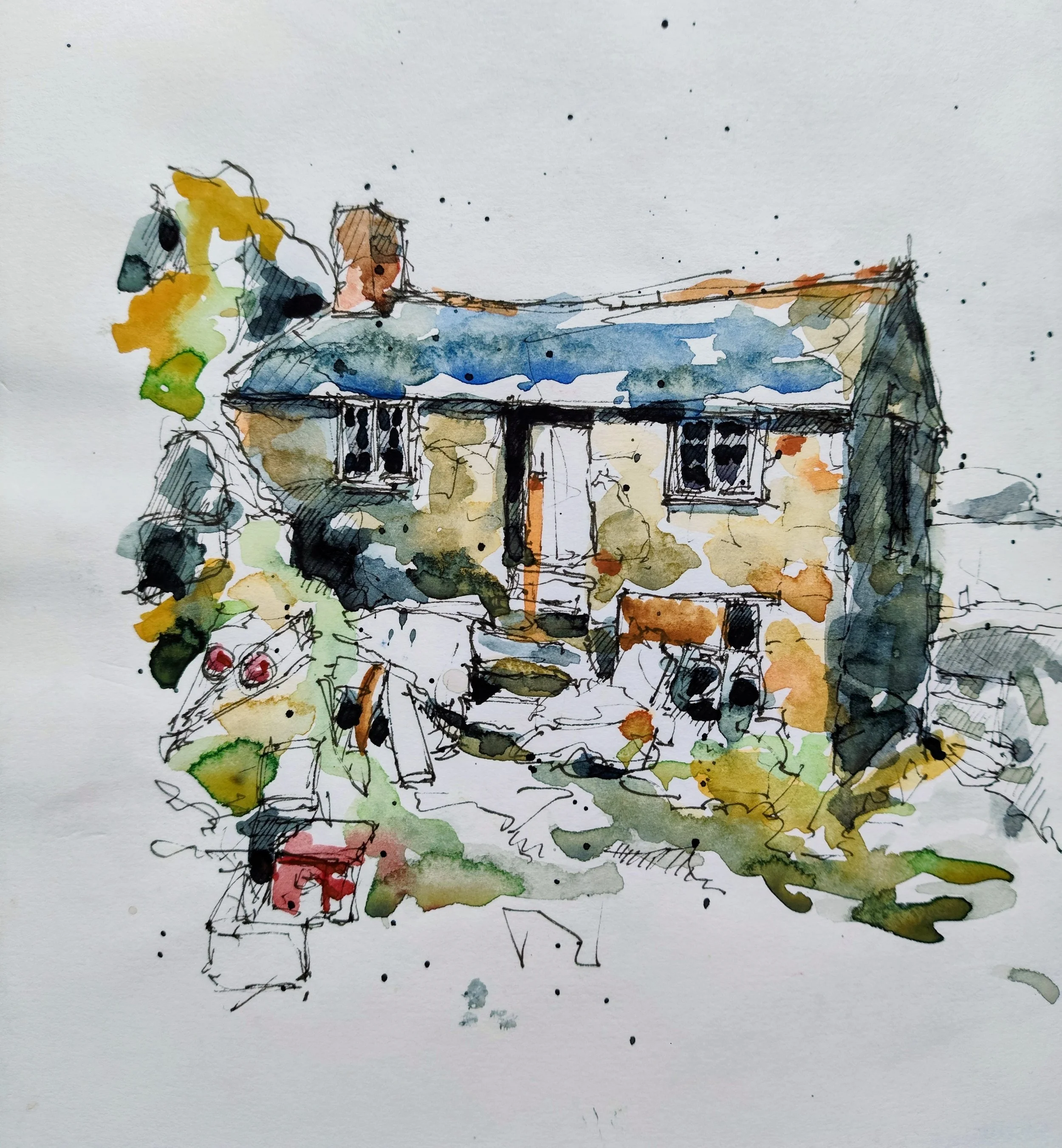 A watercolor painting of a Cornish fisherman's hut, with colorful abstract splashes and dots.